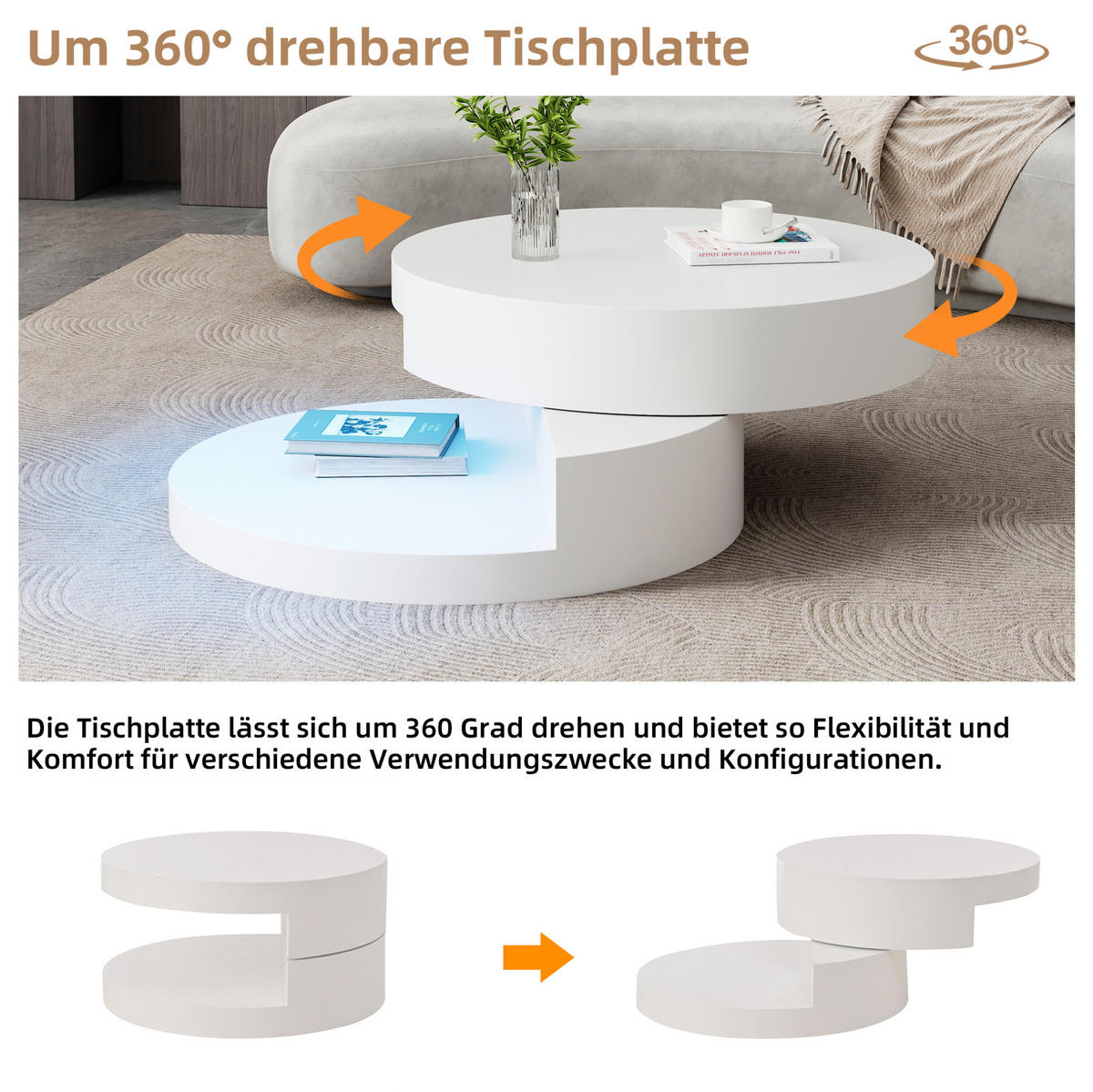 COUCHTISCH 70/70/35,5 cm weiß aus MDF mit drehbarer LED-Tischplatte - Weiß, Holzwerkstoff (70/70/35.5cm) - OKWISH