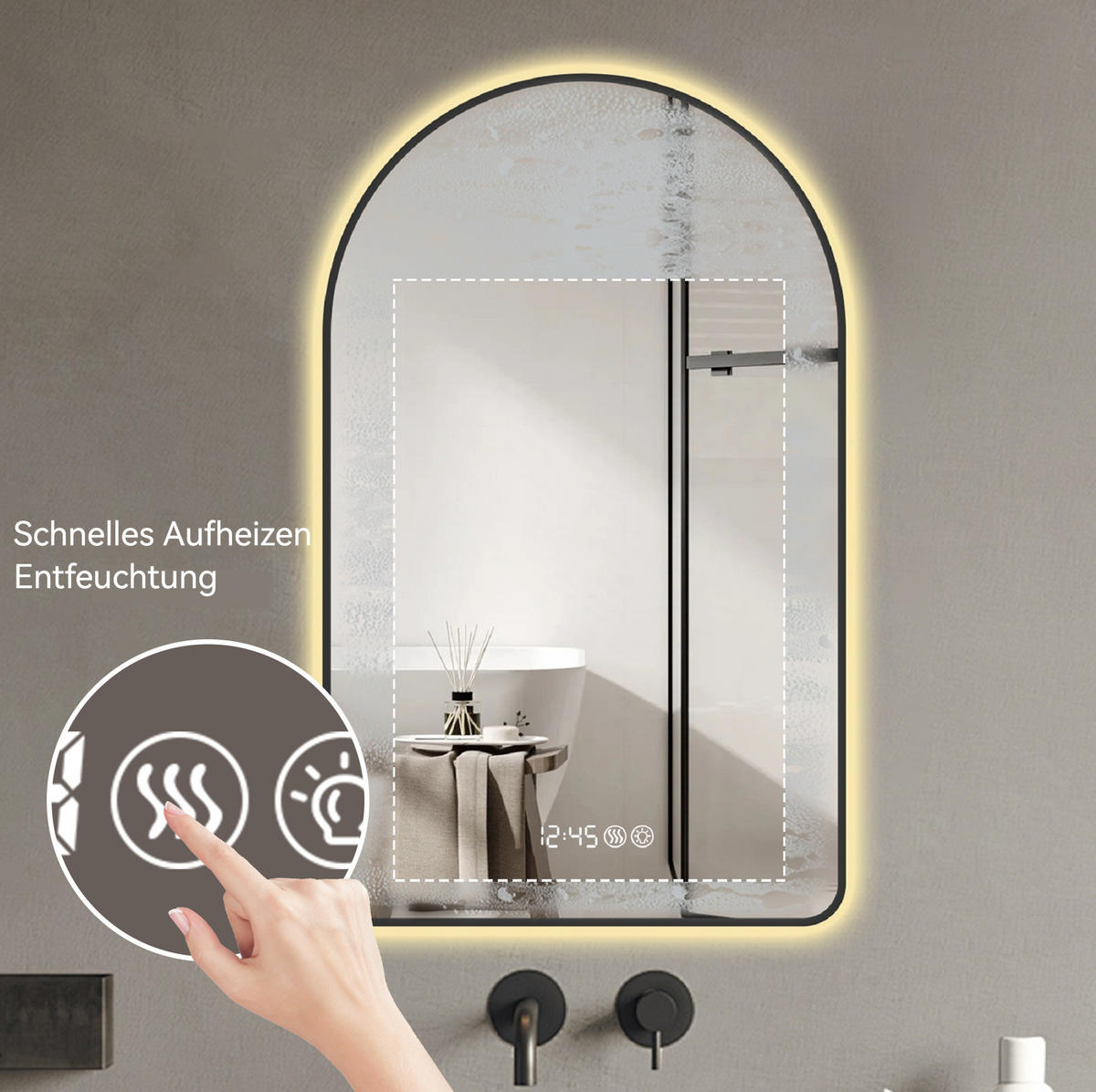 LED Badezimmerspiegel 120x70x3cm Schwarz-Silber,dimmbar,3 Farben,mit Entspiegelung & Temperatur-Anzeige - Silberfarben, Glas (3/120/70cm) - Modfu