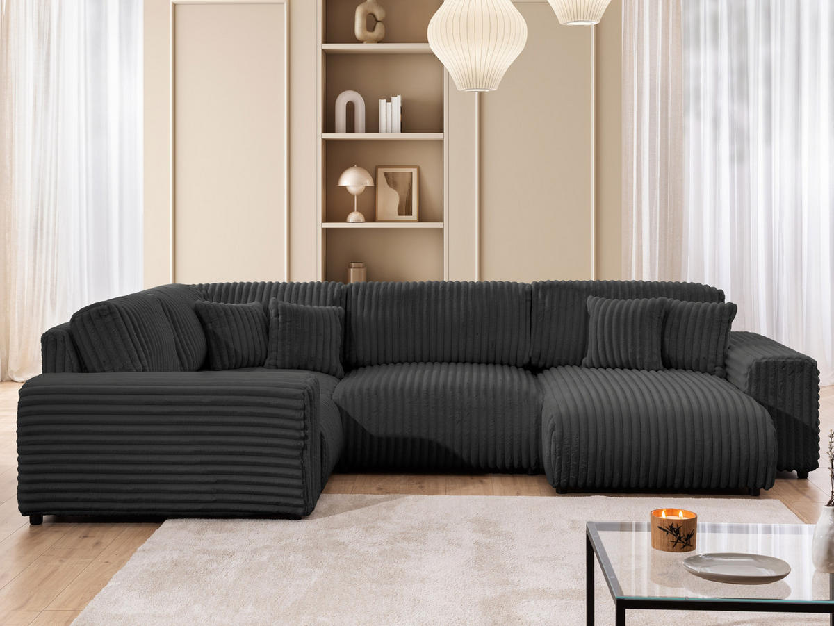 WOHNLANDSCHAFT Mollis Dunkelgrau Plüschcord im XXL-Format - Ottomane Rechts - Dunkelgrau/Schwarz, Holz/Kunststoff (316/77/194cm) - S-Style Möbel