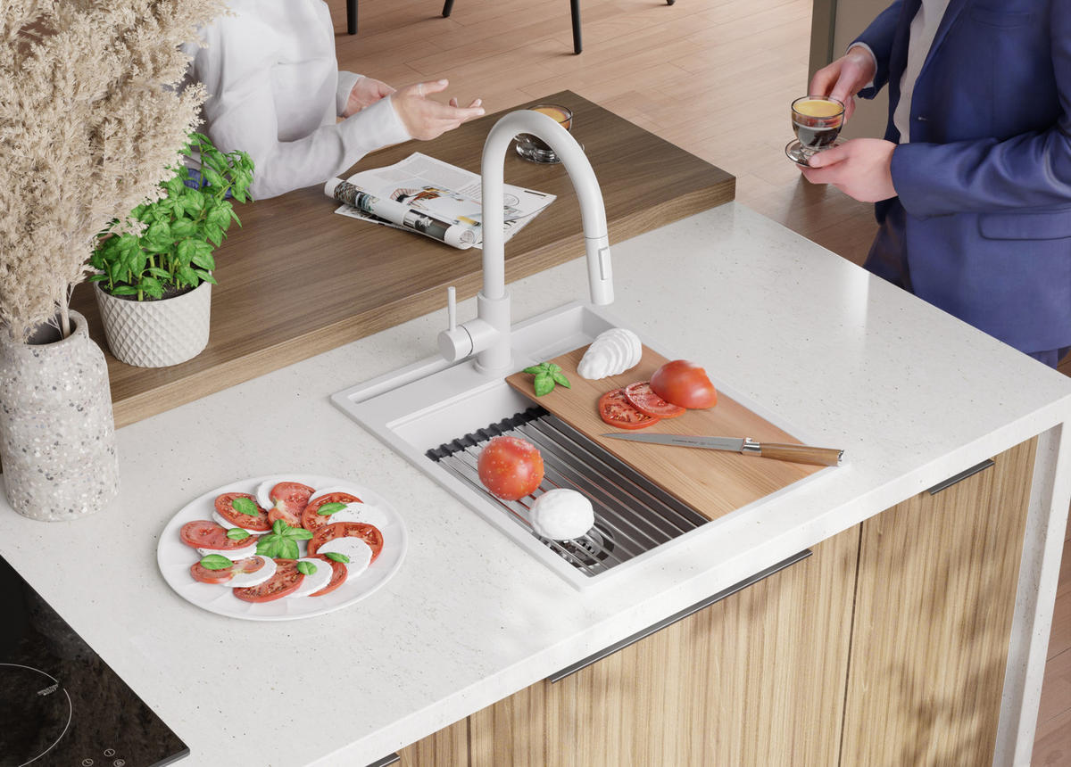 GRANITSPÜLE Oslo Pocket, 2-er set Weiß 43/53 cm 1 Becken + Küchenarmatur 38/14 cm + Ablauf-Set + Küchenzubehörset ab 45er Unterschrank - Chromfarben/Beige, Kunststoff (43/20/53cm) - Primagran