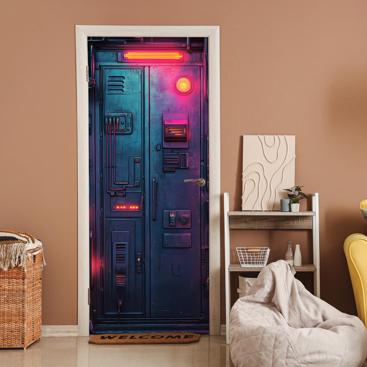 TÜRAUFKLEBER Selbstklebend - Tür - Futuristisch - Blau - Rosa - Neon 85x205 cm - Türtapete - Anthrazit, Kunststoff (85/0.1cm) - MuchoWow