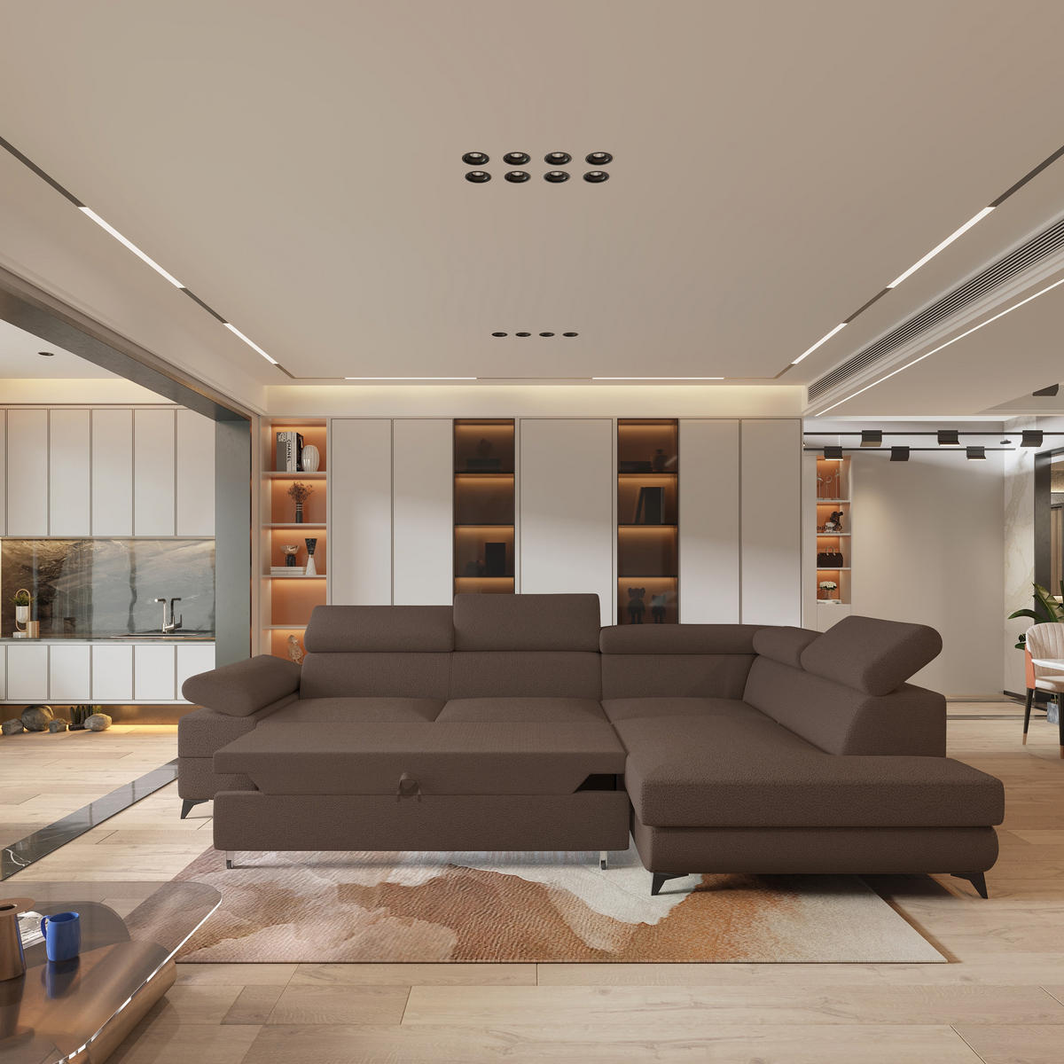 ECKSOFA FAVIEN R-S Braun Boucle-Stoff mit Schlaffunktion - Braun, Holz (257/190cm) - MASSENO