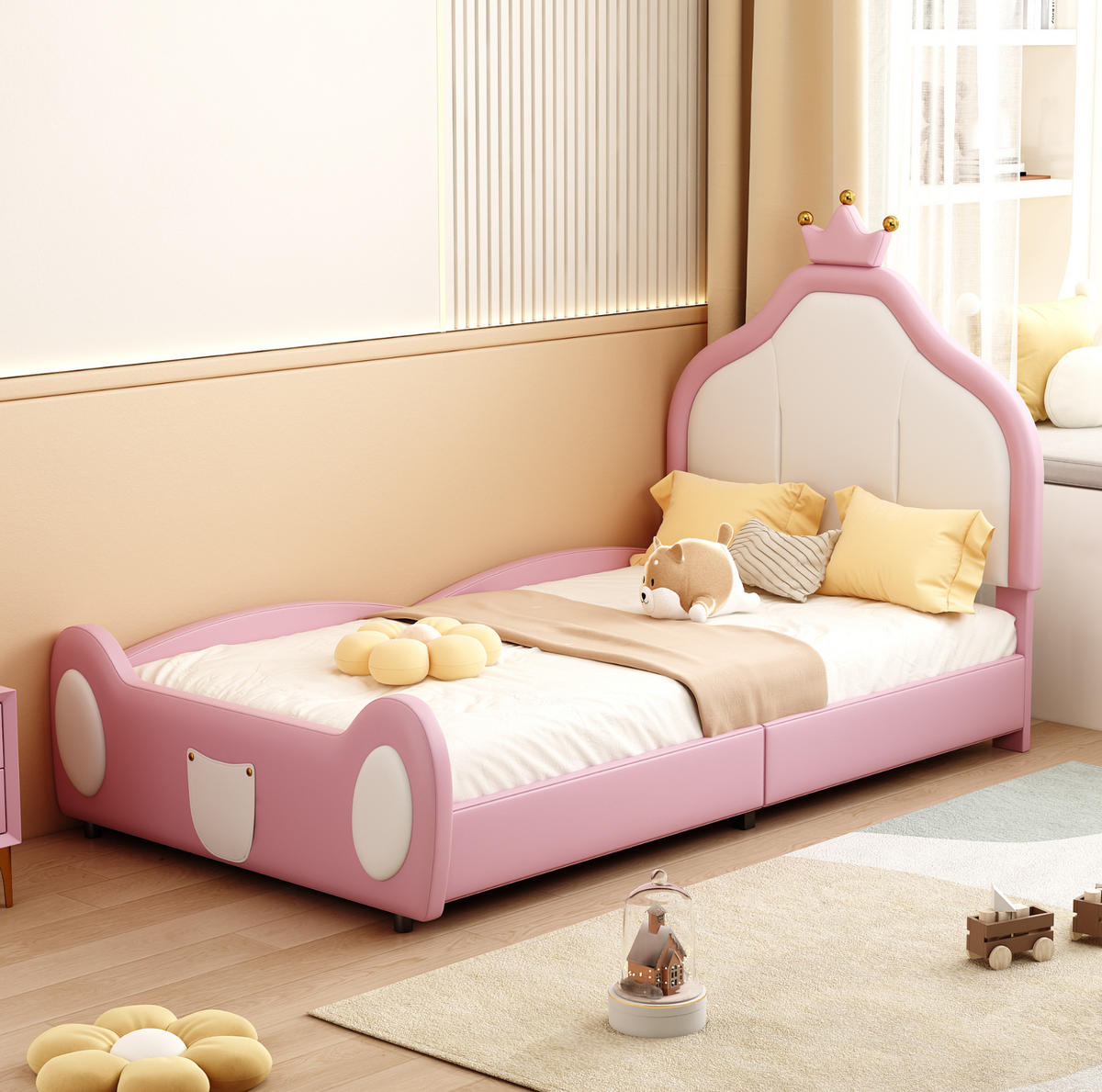POLSTERBETT 90/200 cm mit Kronenkopfteil und kindgerechtem Design aus Kunstleder, Weiß/Rosa - Rosa, Textil (90/200cm) - Redom