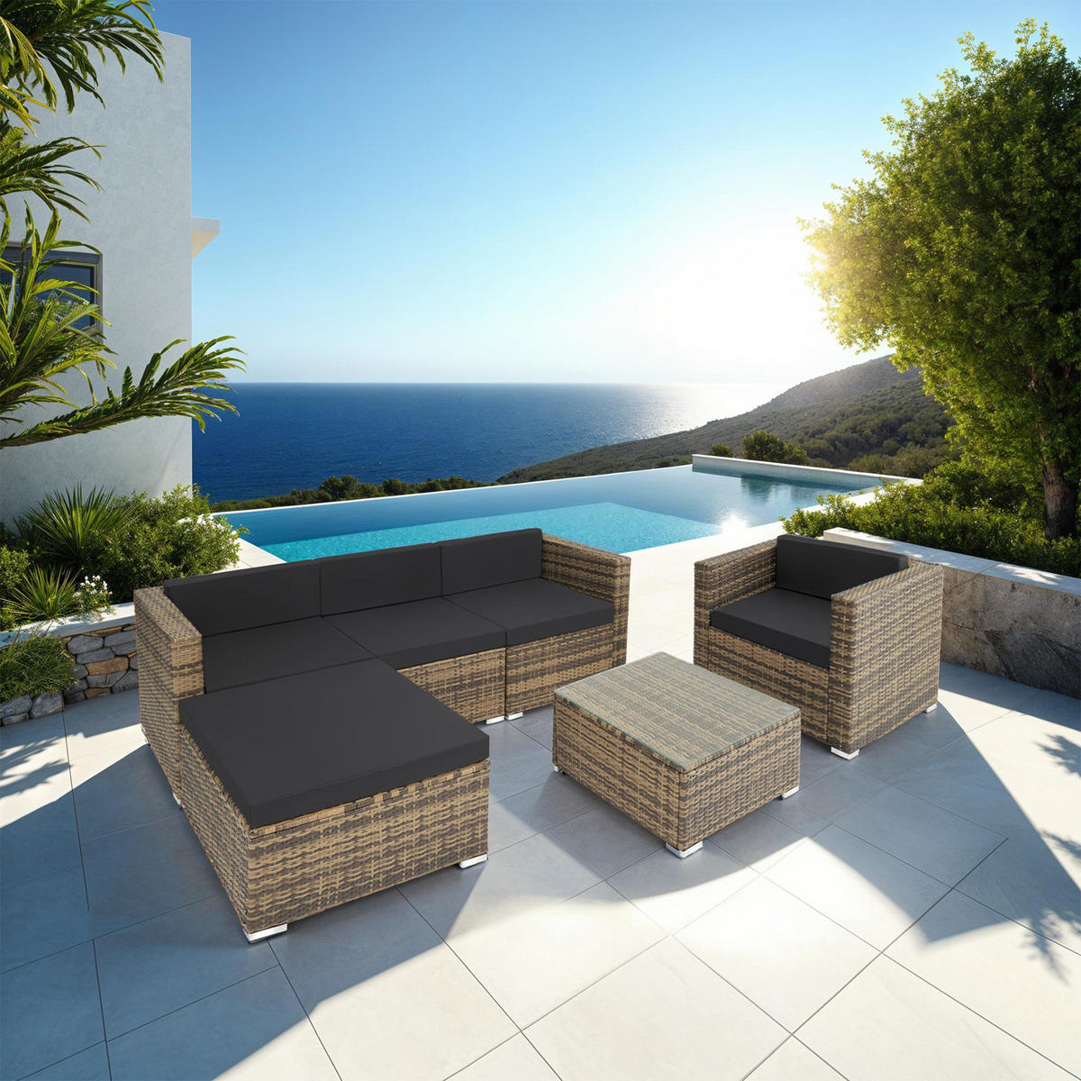 RATTANLOUNGE Milano, mit Sicherheitsglasplatte, natur - Naturfarben, Kunststoff - tectake