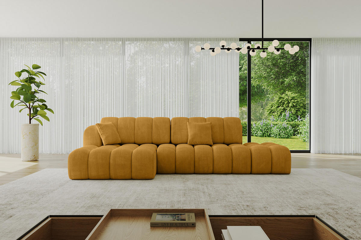 ECKSOFA mit Schlaffunktion Ottomane Links OLEA-L2 321x164x75 Senfgelb Cord - Schwarz/Honig, Holzwerkstoff/Kunststoff (321/164cm) - ALTDECOR