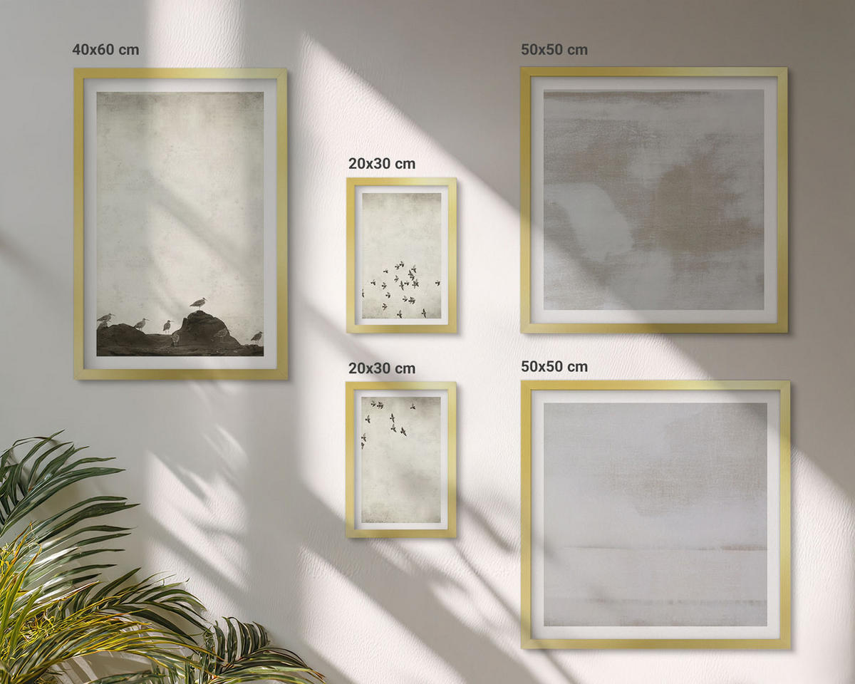 BILDER SET 5er Set - 50x50 cm & 20x30 cm & 40x60 cm Goldrahmen - Minimalistische Vögel im Flug - Goldfarben, Kunststoff (40/60cm) - TULUP