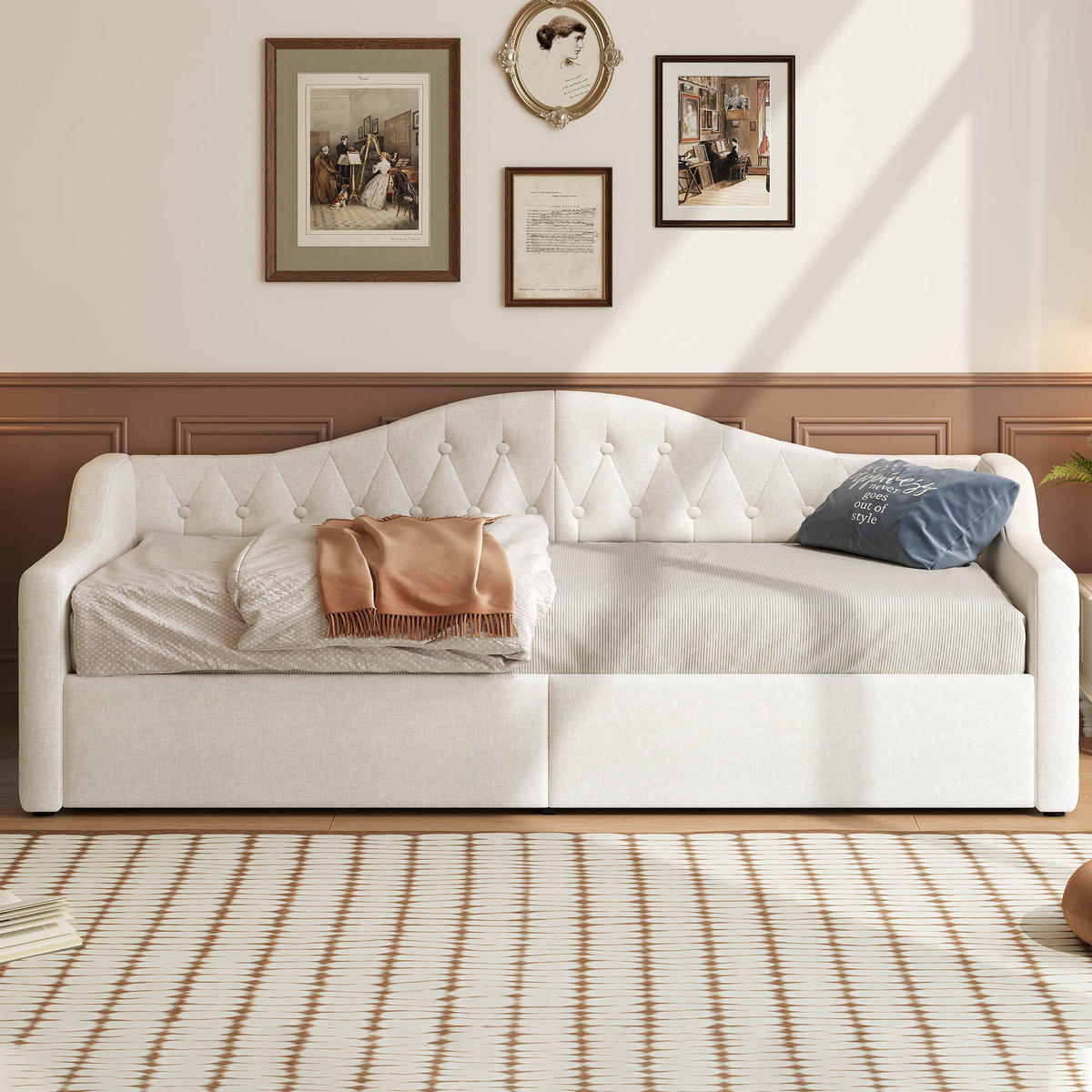 POLSTERBETT 90/200 cm Beige mit LED-Beleuchtung und Stauraum aus Leinen - Beige, Holzwerkstoff (90/200cm) - OKWISH