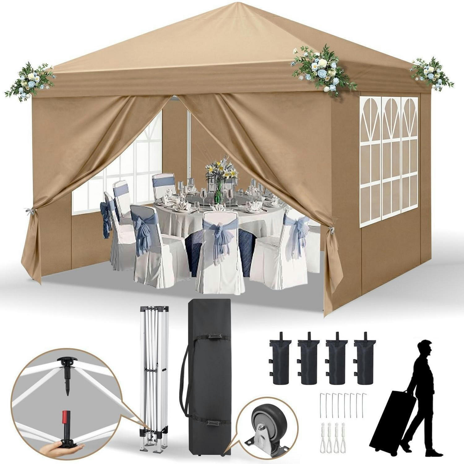 FALTPAVILLON 3 x 3 m Khaki Wasserdicht UV-Schutz 50+ mit 4 Seitenteilen - Olivgrün, Textil (300/255/300cm)