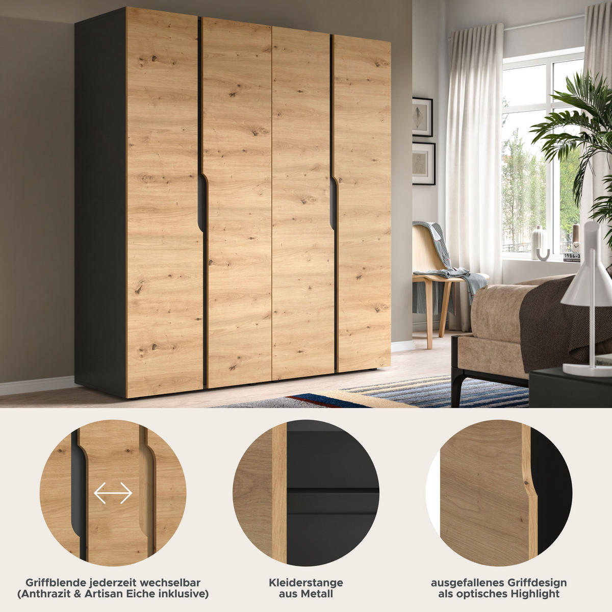 KLEIDERSCHRANKKOMBINATION ANGA (B/H/T: ca. 160/180/51 cm) in anthrazit/Artisan Eiche Nachbildung - Anthrazit, Holzwerkstoff (160/180/51cm)