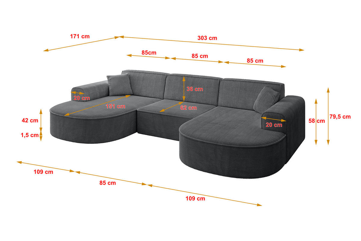 WOHNLANDSCHAFT MARI-U1 - 303x171x79 cm Dunkelgrau Cord - Dunkelgrau/Schwarz, Holzwerkstoff/Kunststoff (303/79/171cm) - ALTDECOR