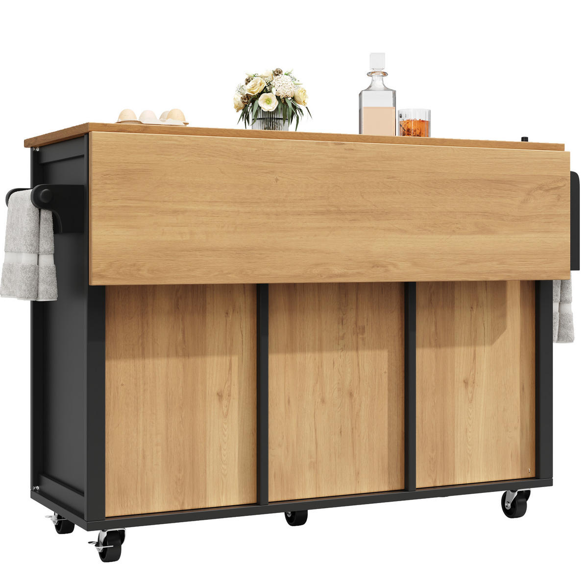 KÜCHENINSEL 137,9/73/92,5 cm aus MDF und Metall mit Klapptisch und Rollen Schwarz - Schwarz, Holzwerkstoff (137.9/92.5/73cm) - Modenvie