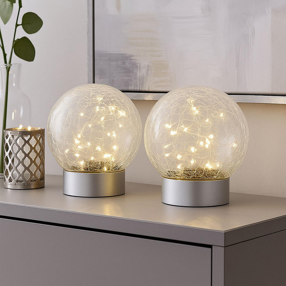 LED TISCHLEUCHTE SOONA Silber Glas Crackle - Silberfarben, Glas (12/12/13.5cm) - Globo Lighting