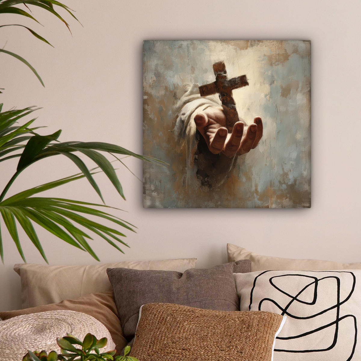 LEINWANDBILD Abstrakt - Kreuz - Hand - Christentum Wandbild Wohnzimmer 50x50 cm - Hellbraun, Textil (50/50cm) - MuchoWow