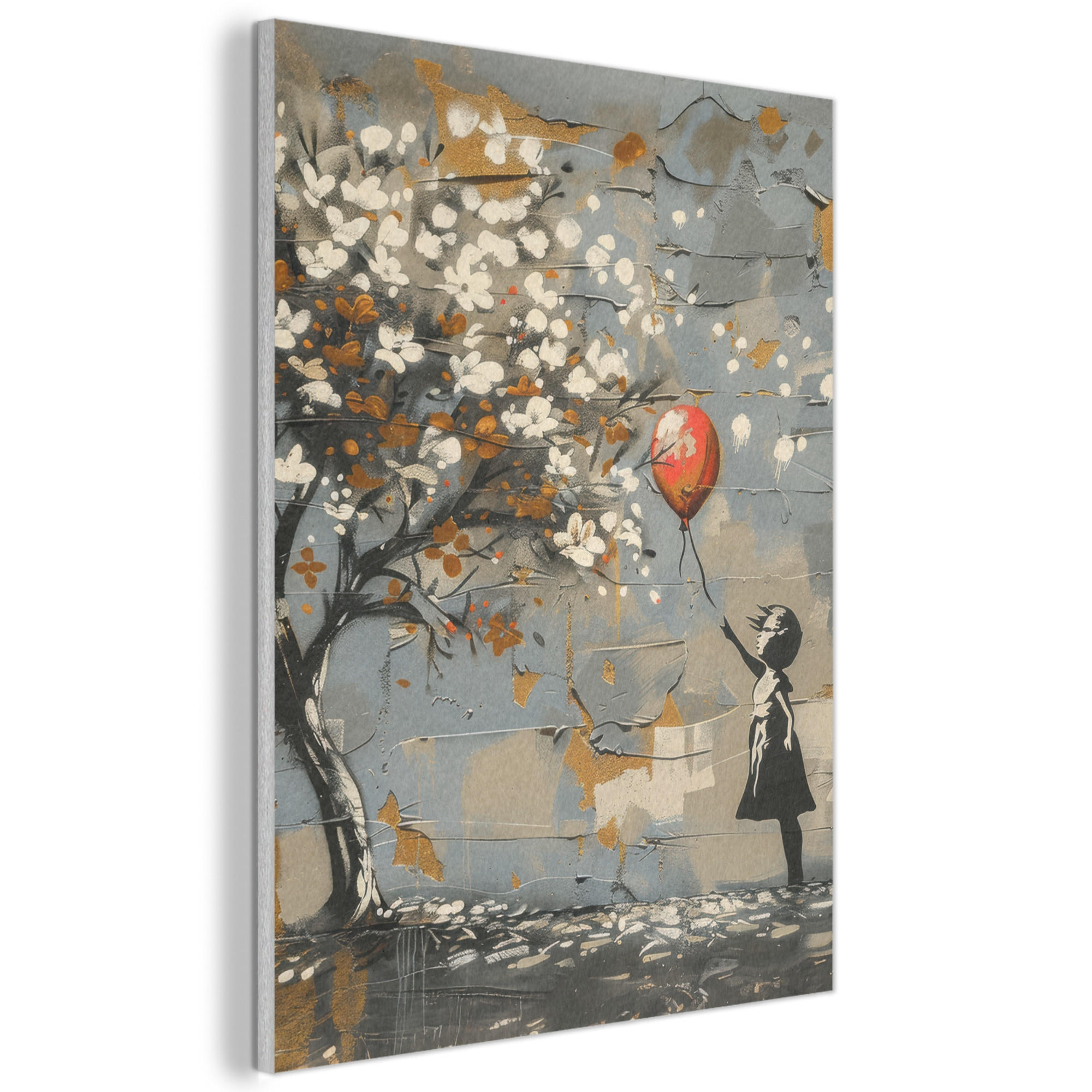 AKUSTIKBILD Baum - Graffiti - Banksy-Stil - Ballon-Mädchen Wanddeko 70x100 cm - Blaugrau, Kunststoff (70/100/0.9cm) - MuchoWow
