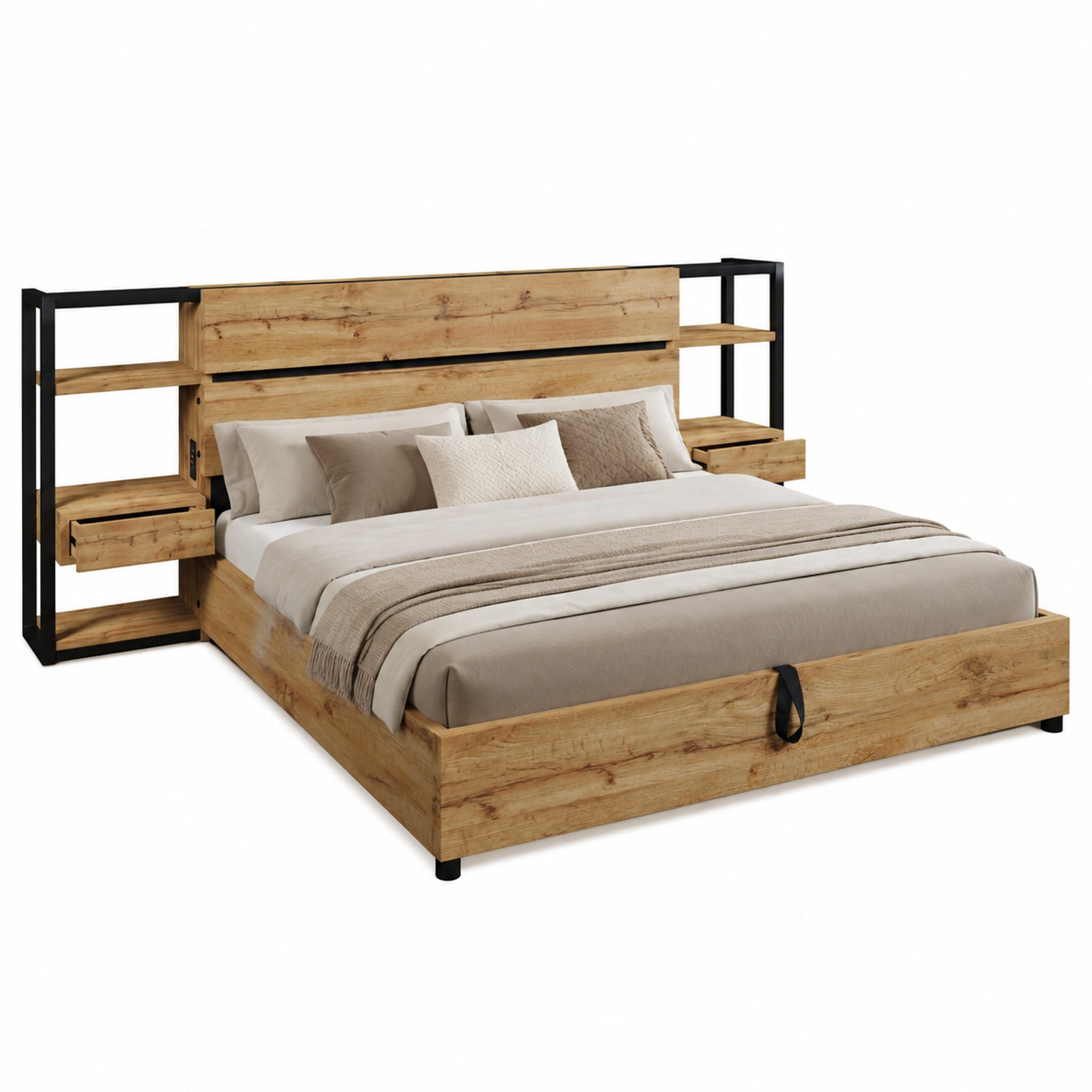 BETT mit Stauraum und Ladestation 160x200 cm MDF Metall Oak - Eichefarben, Metall (160/200cm) - Meubliv