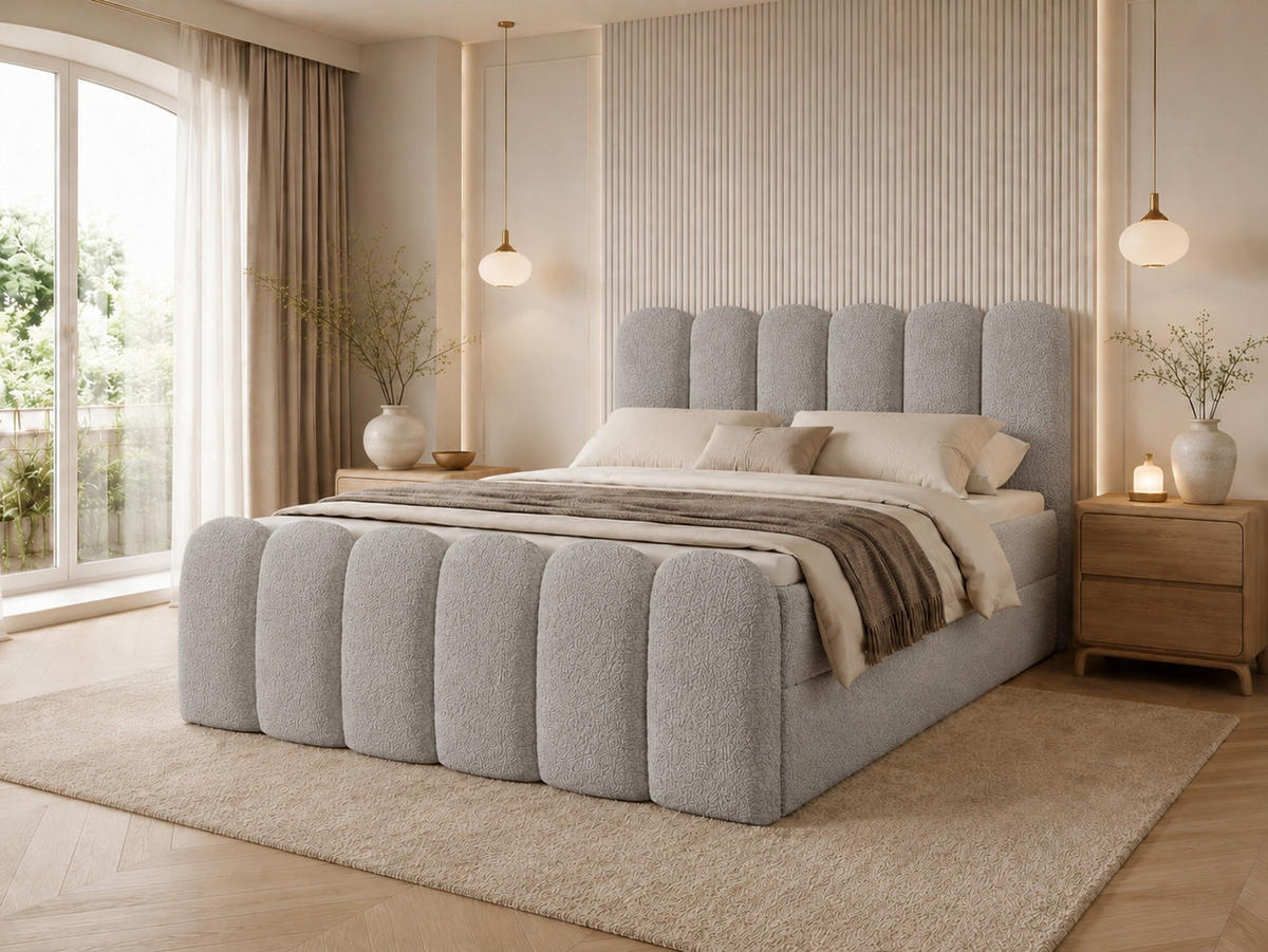 BOXBETT CUDDLE 180x200 cm in Grau, Bettkasten, Topper, Bouclé-Stoff - Grau, Holz/Textil (180/200cm) - EMLAR Home