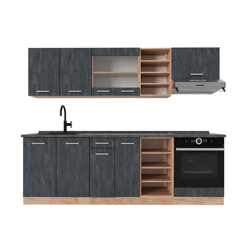 KÜCHENZEILE R-Line Schwarz Beton/Goldkraft Eiche 240 cm AP Anthrazit - Honigeiche/Schwarz, Holzwerkstoff (240/206.8/60cm) - Vicco