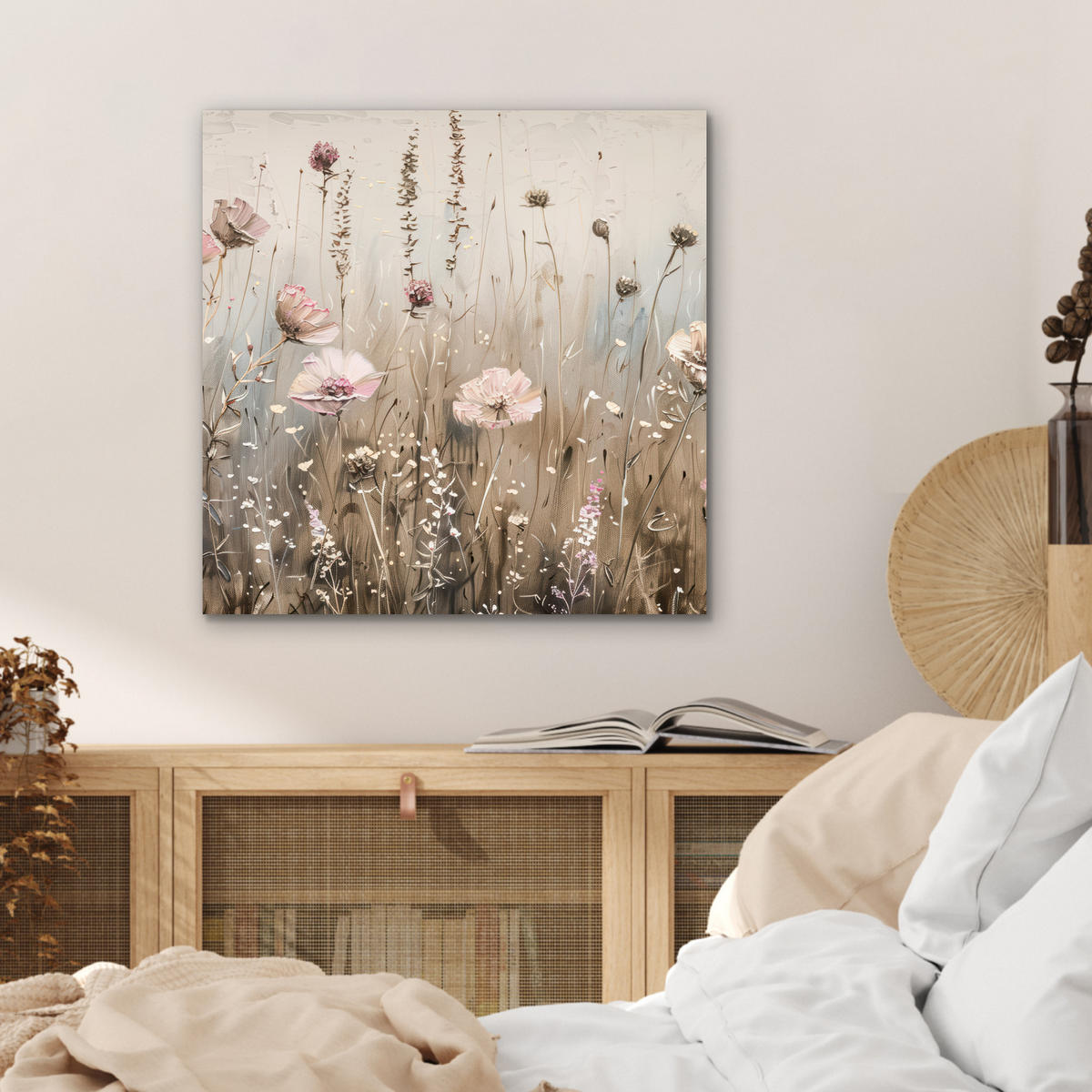 KOVOVÝ OBRAZ Kvety - Ružová - Moderné - Béžová 50x50 cm - béžová, kov (50/50cm) - MuchoWow