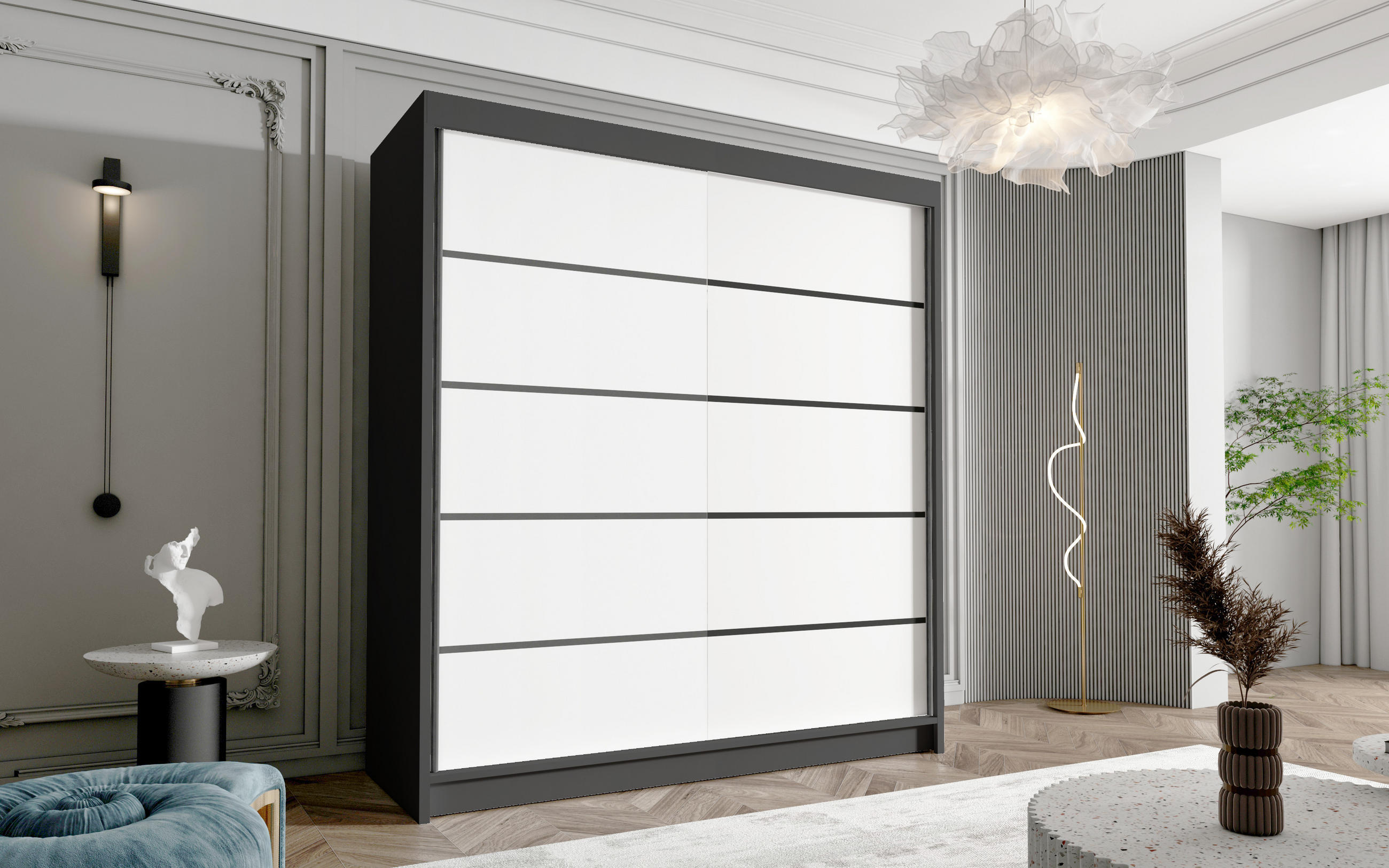 SCHWEBETÜRENSCHRANK Harry IV - 180 cm - Schwarz/Weiß, Holzwerkstoff/Metall (180/215/58cm) - Sofnet