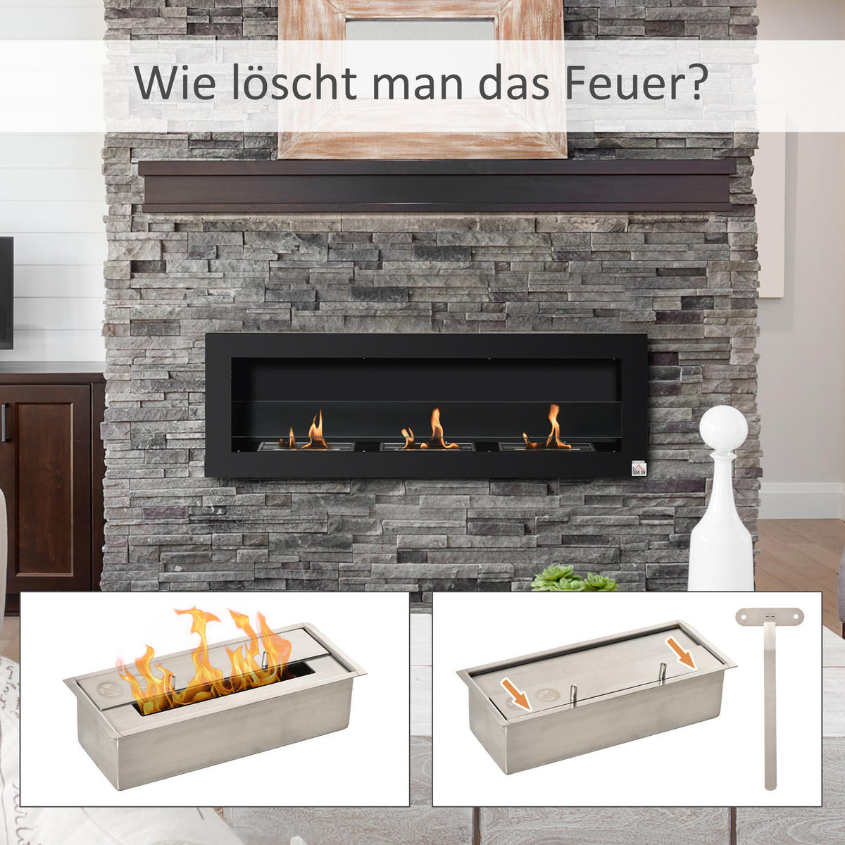 ETHANOL-KAMIN Bio-Ethanol-Brenner 3 Brennboxen 3 Std. Brenndauer Schwarz - Schwarz, Metall (15/40/120cm) - HOMCOM