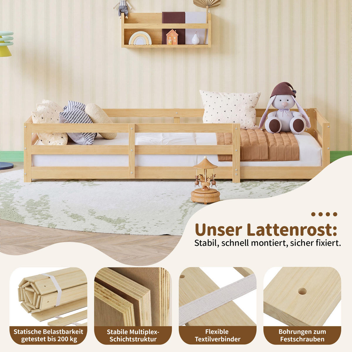 KINDERBETT 90/200 cm aus Kiefer massiv mit 4-seitiger Sicherheitsumrandung Natur - Naturfarben, Holz (90/200cm) - Modenvie