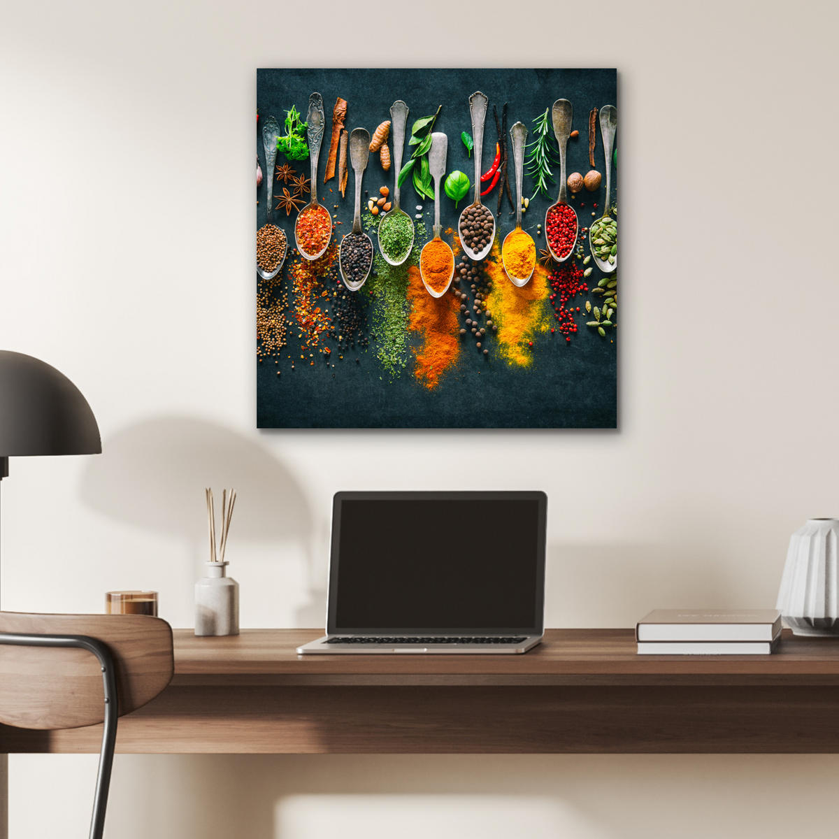 KOVOVÝ OBRAZ Bylinky - korenie - lyžičky 50x50 cm - kari žltá, kov (50/50cm) - MuchoWow