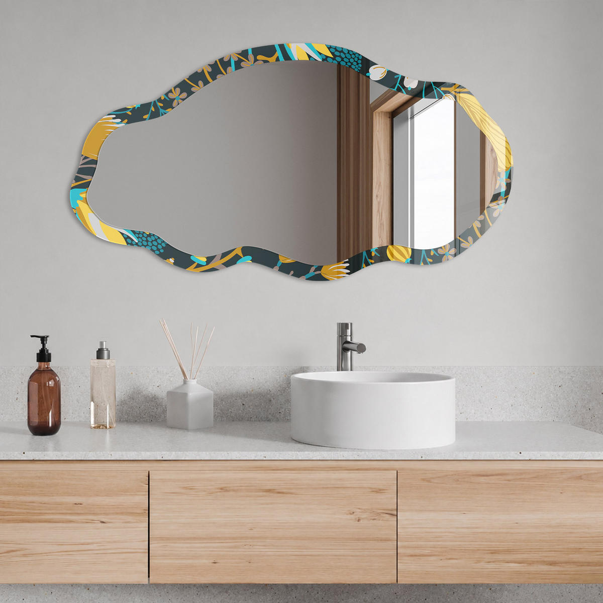 SPIEGEL 90x45 cm asymmetrisch mit Druck - Pflanzenmuster - Transparent, Glas (45/90/0.4cm) - TULUP