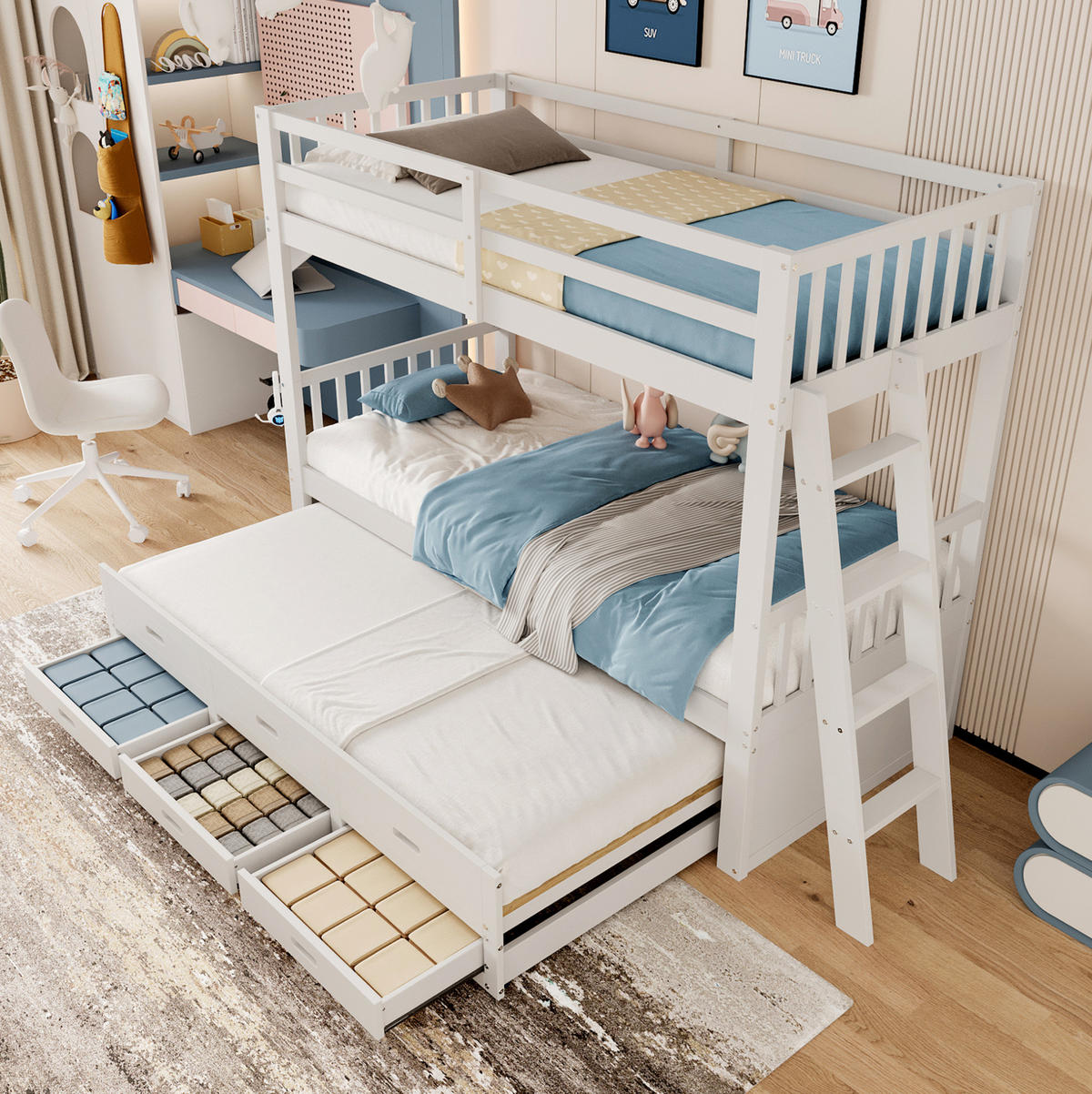 ETAGENBETT 90/200 cm aus Kiefern und MDF mit Ausziehbett und 3 Schubladen, Weiß - Weiß, Holzwerkstoff (90/200cm) - Redom