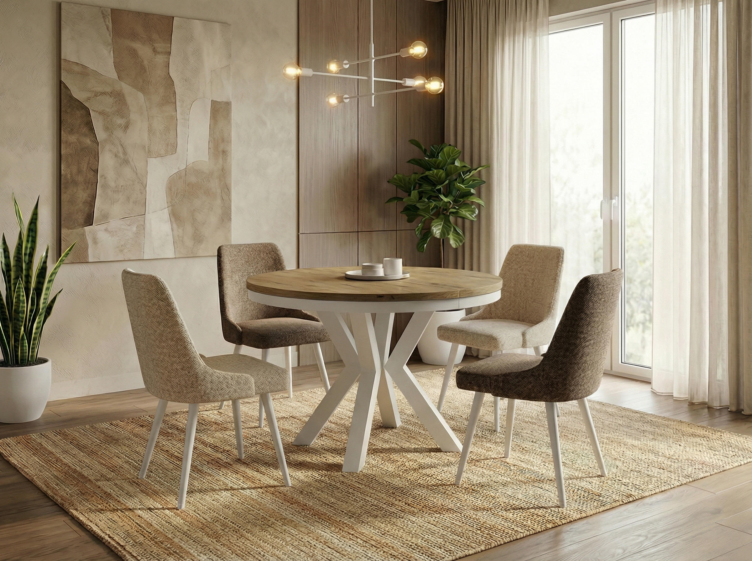 ESSTISCH Clara Weiß runder ausziehbarer, Lancelot Eiche 120-200/120/76 cm - Eichefarben/Weiß, Holzwerkstoff/Metall (120/120/76cm) - WFL GROUP