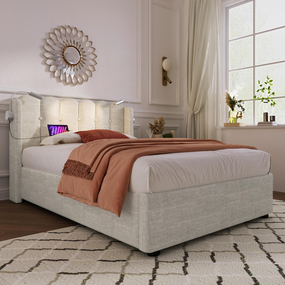 BETT mit Stauraum, USB und Leselicht 90x200 cm Leinen Natur - Beige, Metall (90/200cm) - Meubliv