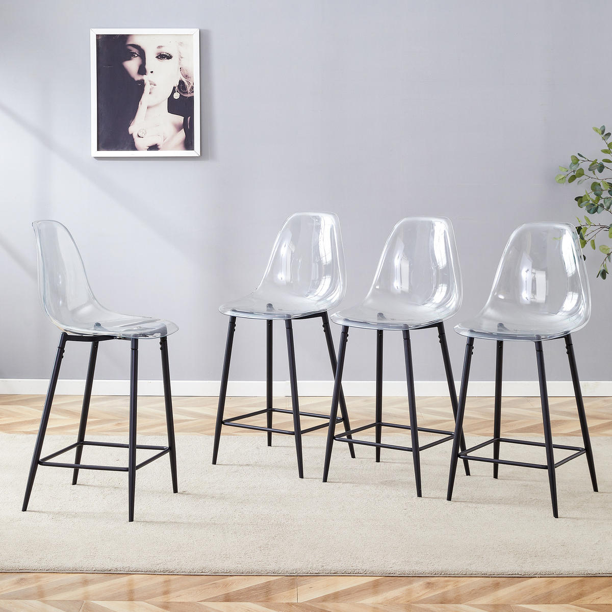 BARHOCKER DE-36582 4er Set mit transparenter Sitzschale Silber - Schwarz, Kunststoff (45/102/51cm) - ComfortXL
