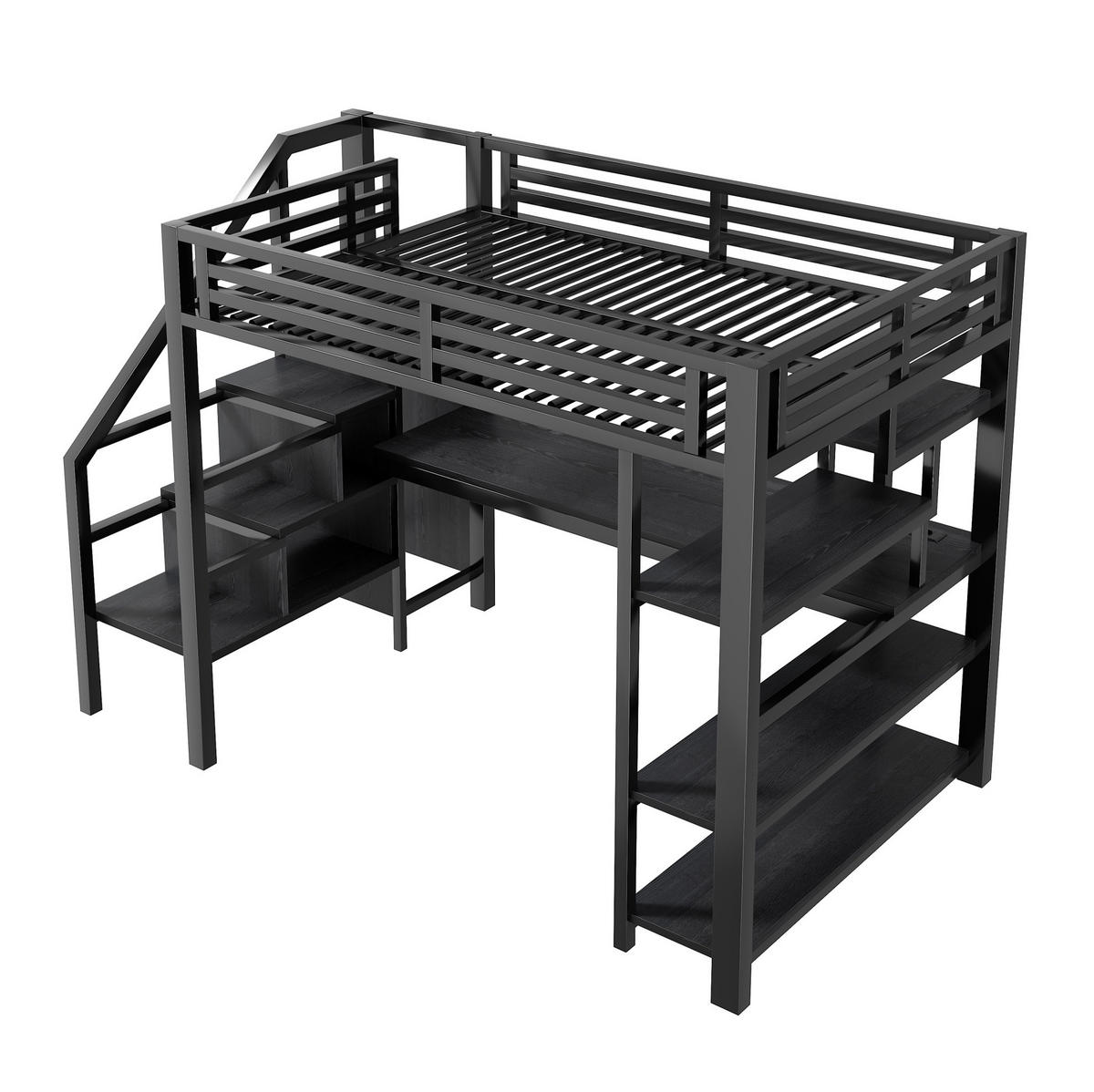HOCHBETT aus Metall und MDF 140x200 cm Schwarz mit Treppe, Schreibtisch, Kleiderschrank, LED und USB-Ladestation - Schwarz, Holzwerkstoff (90/200cm) - Modfu