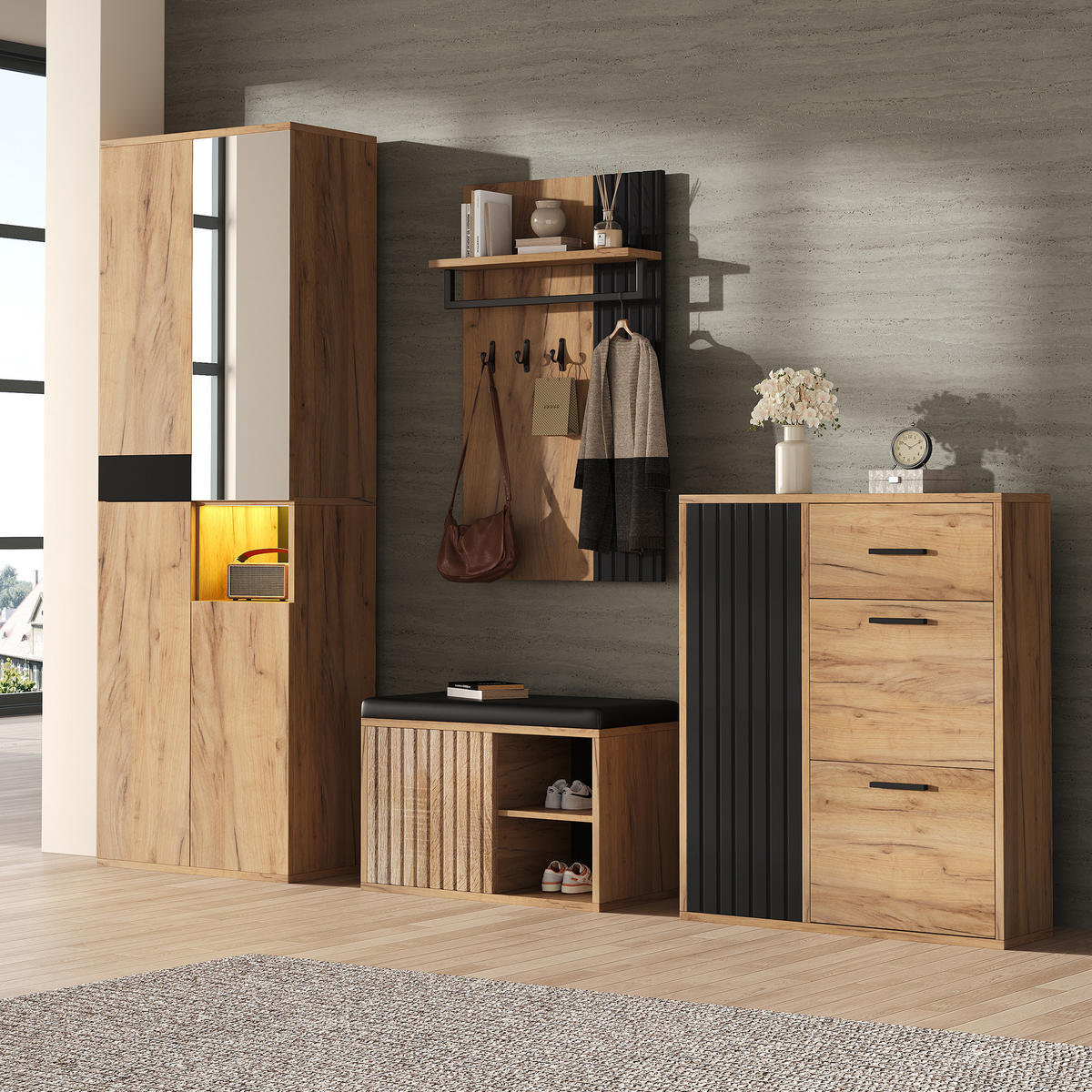GARDEROBENSET 4-tlg Wand Natur Schwarz 215x36x190cm - Multicolor, Holzwerkstoff (36/190/215cm) - FLIEKS