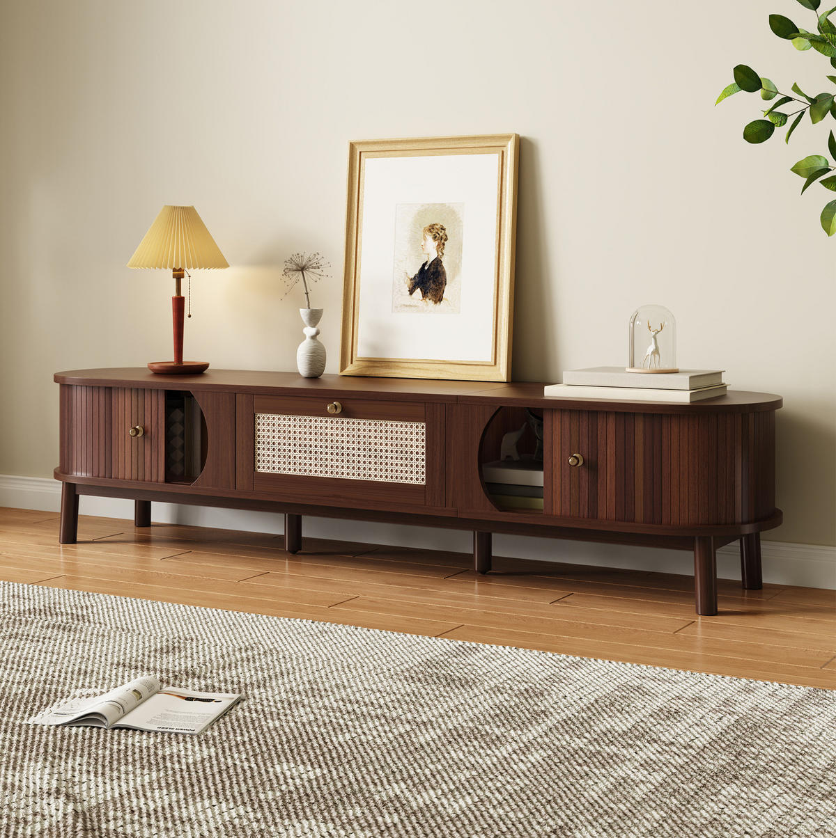 TV-SCHRANK aus Spanplatte und Rattan 170x39,5x38 cm Naturfarben/Hellgelb mit Türen und Schubladen in Bambusoptik - Eichefarben, Holzwerkstoff (170/38/39.5cm) - Modfu