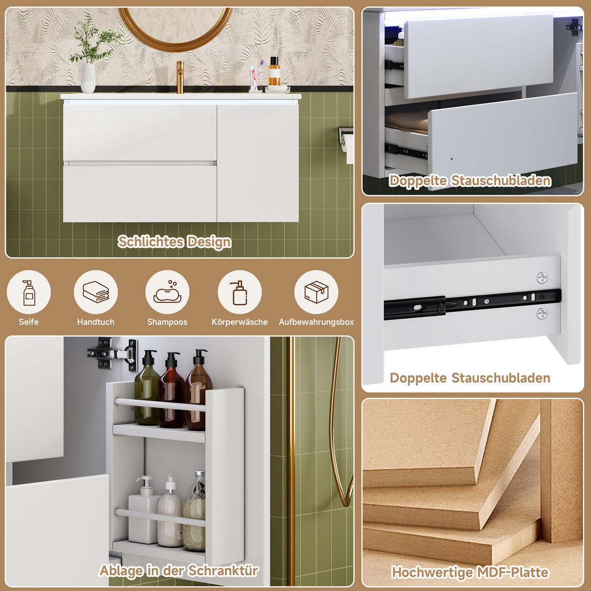 WASCHTISCHUNTERSCHRANK 91,5×46,5×50,5 cm, weiß, wandhängend, lackiert, mit LED-Radarsensor, 2 Schubladen, Türfach, leisen Schienen, Keramikbecken - Weiß, Holzwerkstoff (46.5/50.5/91cm) - Ej. Life