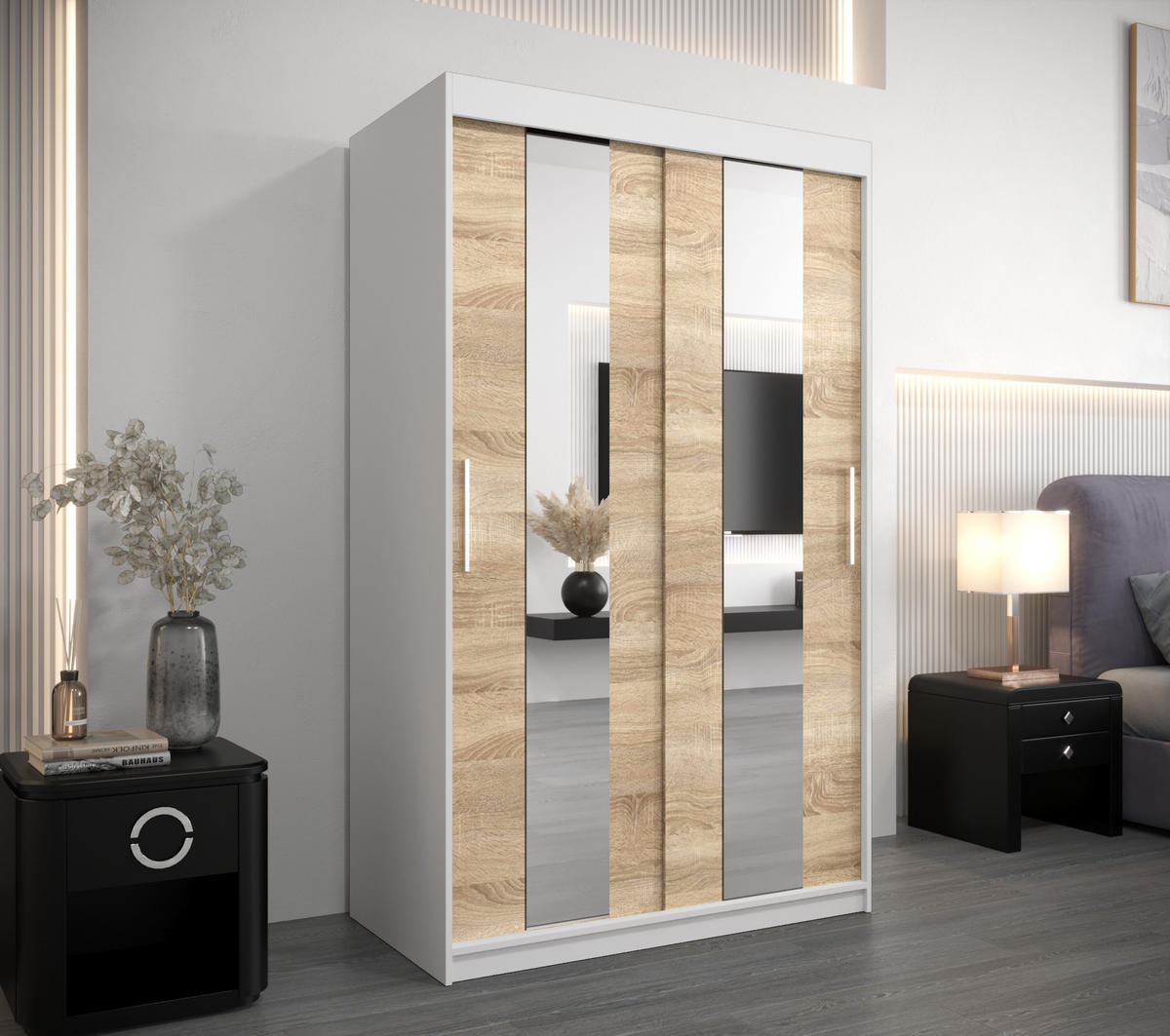 SCHWEBETÜRENSCHRANK 200/120/62 2-türig - Silberfarben/Weiß, Holz/Kunststoff (120/200/62cm) - Abiks Möbel
