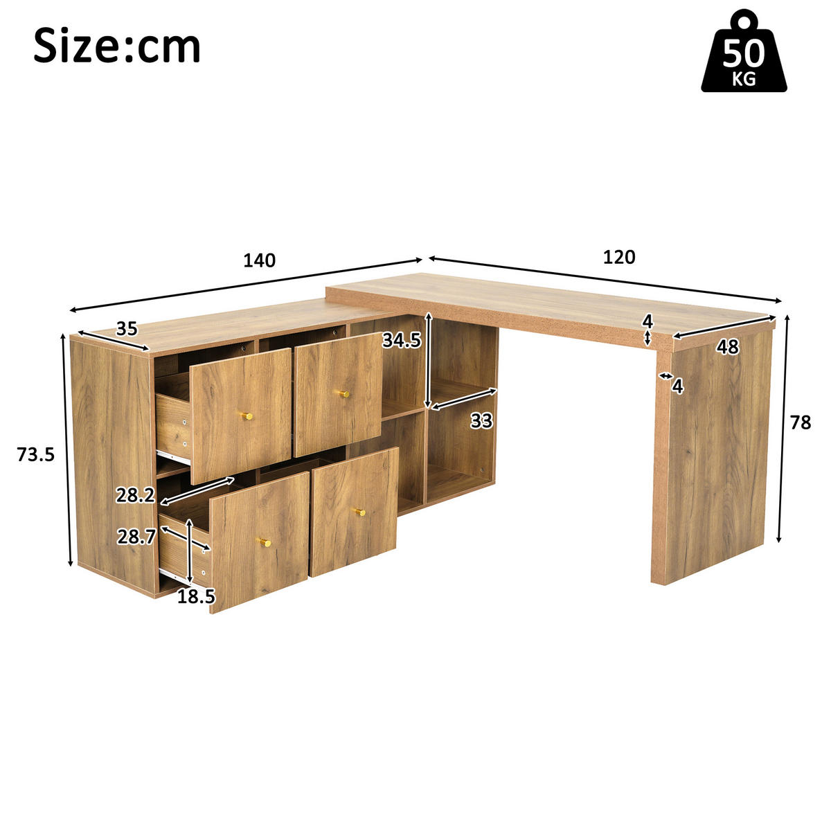 ECKSCHREIBTISCH 360° Schwenkbar 4 Fächer 4 Schubladen - Eichefarben, Holzwerkstoff (35/140/78cm) - FLIEKS