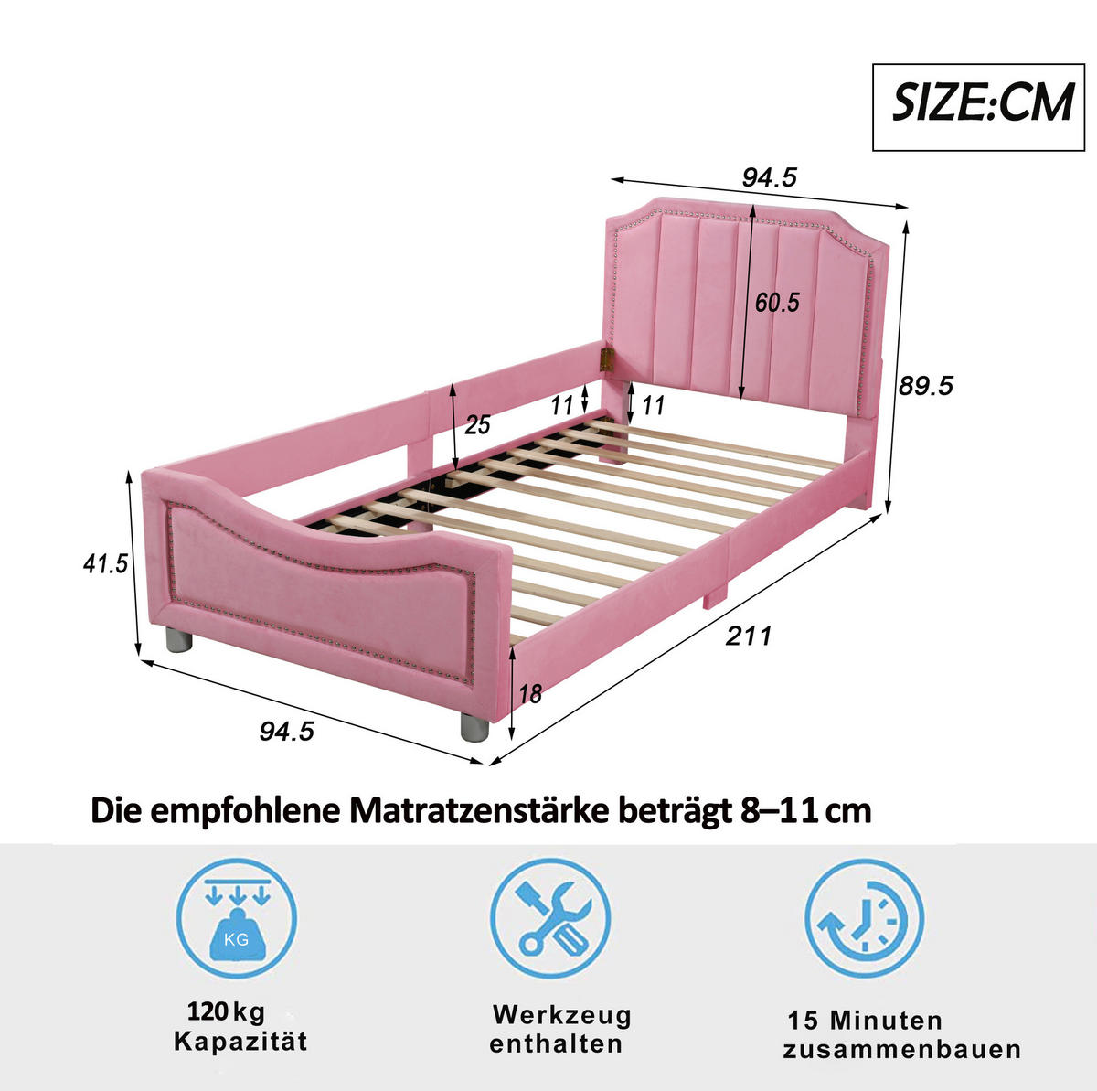 POLSTERBETT 90/200 cm Rosa aus Massivholz mit Rückenlehne - Pink, Holz (90/200cm) - OKMYHOME
