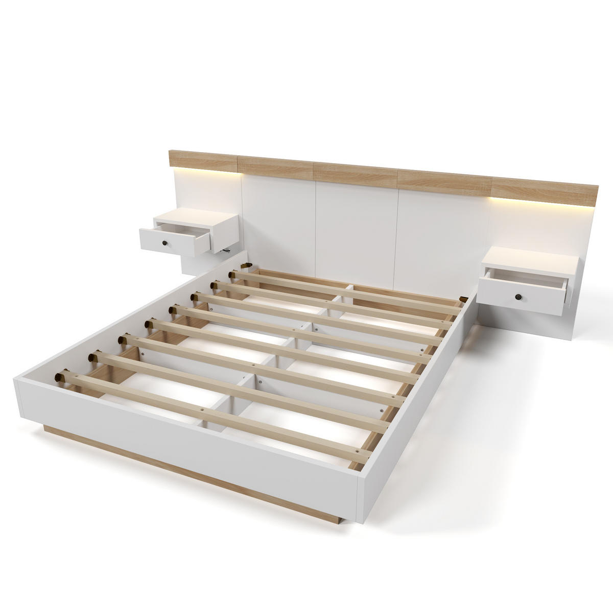 DOPPELBETT 140/200 cm mit 2 LED-Nachtkommoden, USB/Typ-C und Steckdose, Schwebeoptik, Sonoma-Eiche/Weiß - Weiß, Holzwerkstoff (140/200cm) - Redom