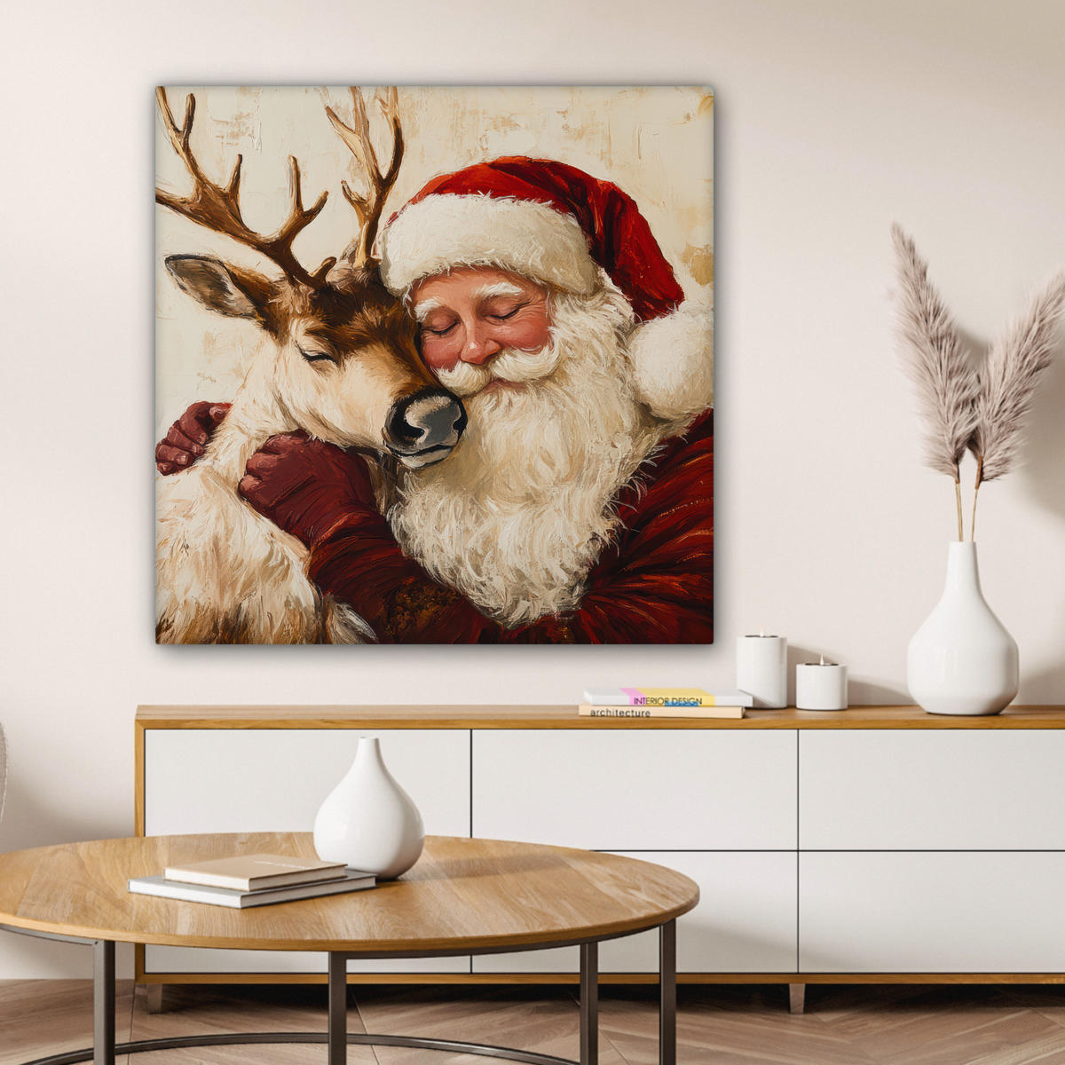 LEINWANDBILD Weihnachtsmann - Rentier - Weihnachten Deko Groß 90x90 cm - Rotbraun, Textil (90/90cm) - MuchoWow