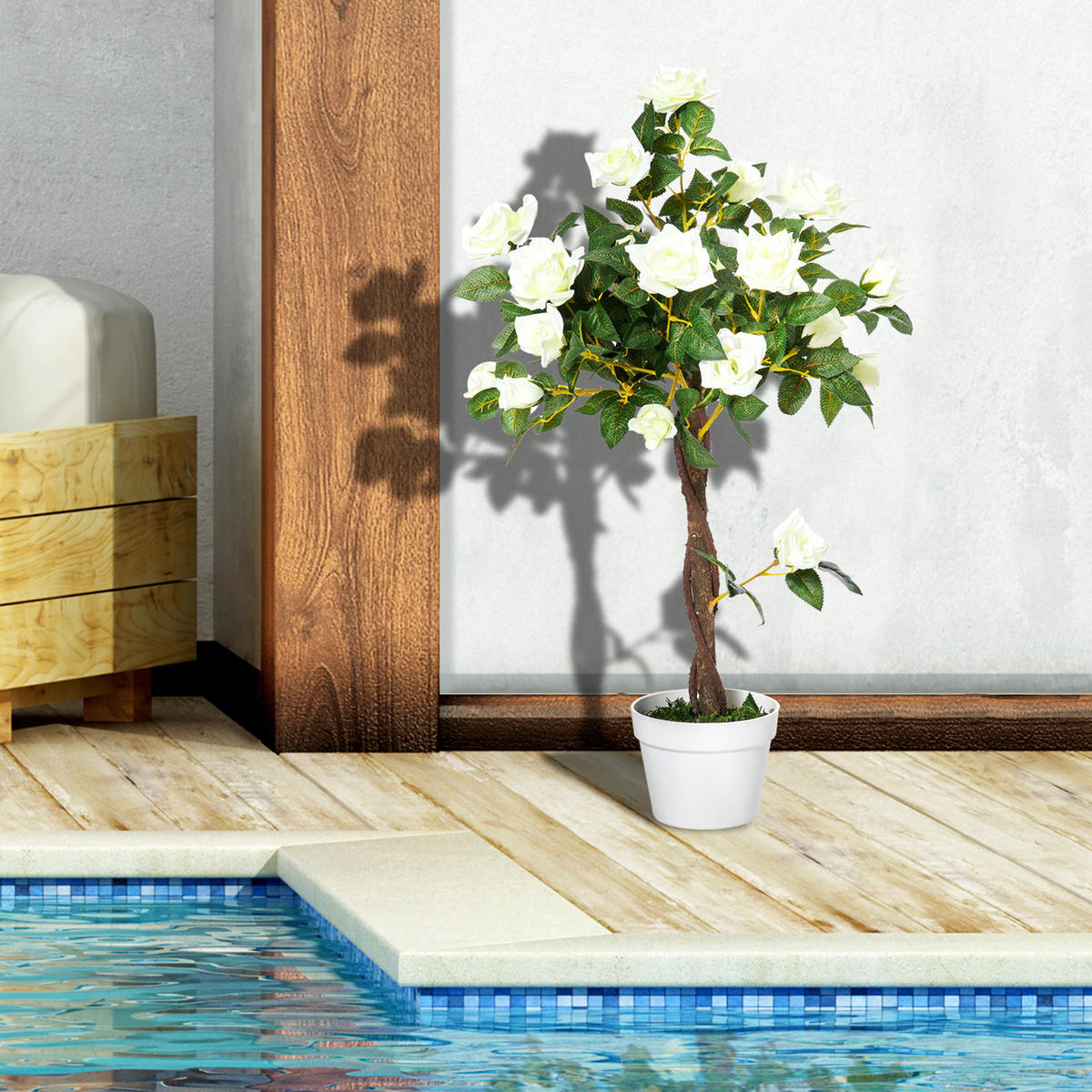 KÜNSTLICHE Rosenpflanzen groß 90 cm Kunstpflanze Rosenbaum für Wohnzimmer - Weiß, Kunststoff (90cm) - Outsunny