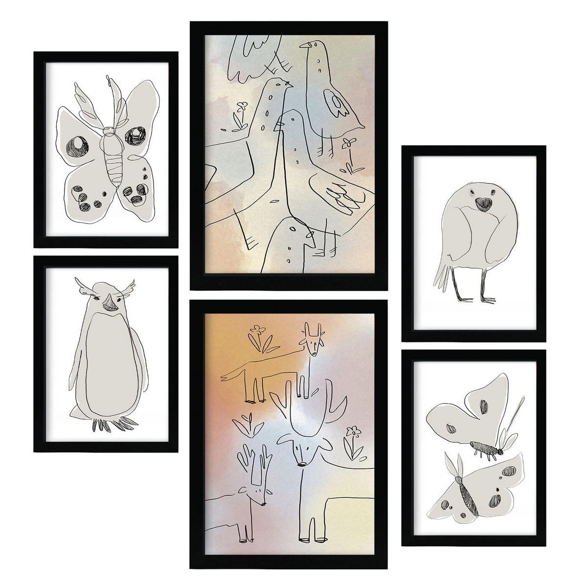 POSTER Set Mit 6 Flügel Der Liebe 2 In Tiere Zusammenfassungen A3 & A4 Schwarzer Rahmen - Schwarz, Papier (29/3cm) - Nacnic