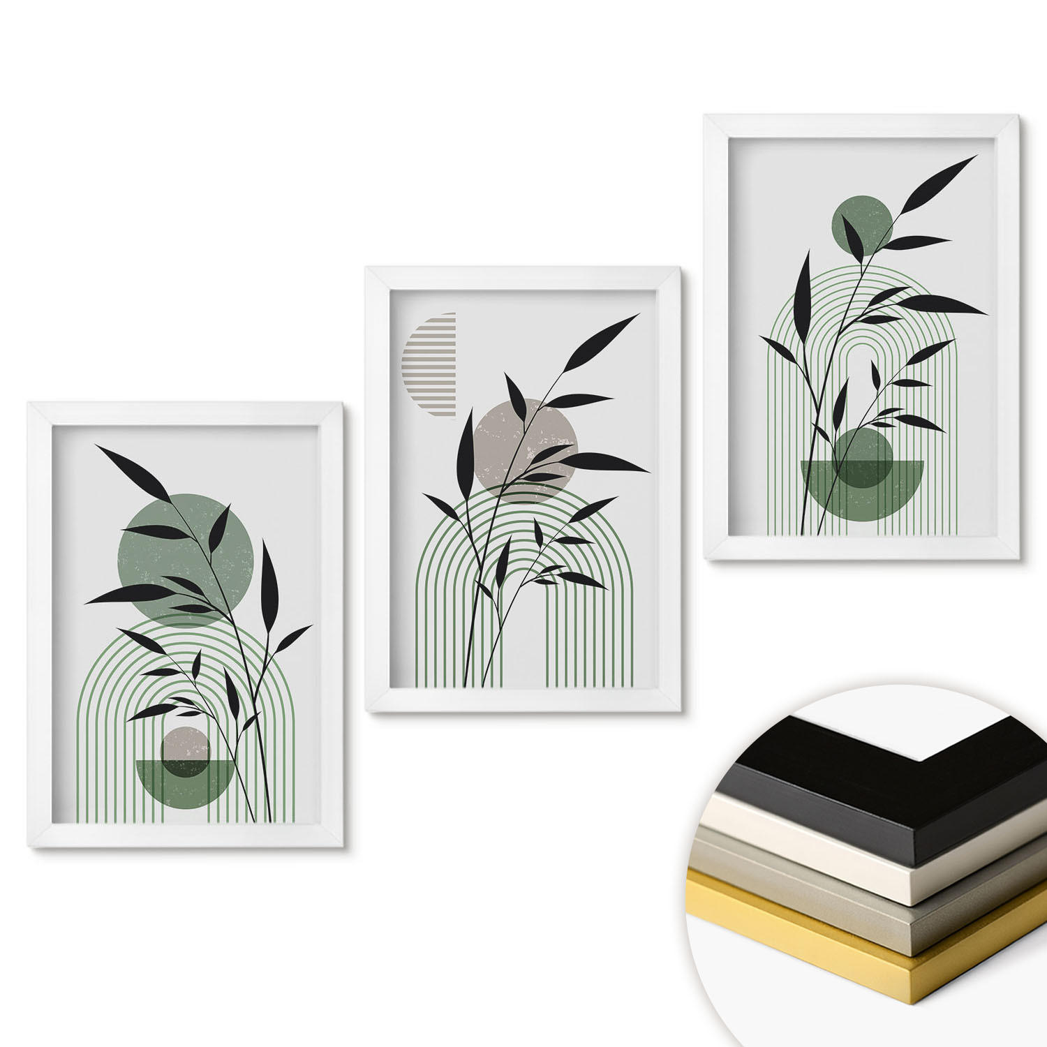 WANDBILDER 3er-Set - 20x30 cm Weißer Rahmen - Boho-Pflanzenkompositionen - Weiß, Kunststoff (20/30cm) - ArtPrintCave