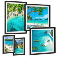 BILDER SET 5er Set - 50x50 cm & 20x30 cm & 40x60 cm Schwarzer Rahmen - Strände, Palmen, kristallklares Wasser - Schwarz, Kunststoff (40/60cm) - TULUP