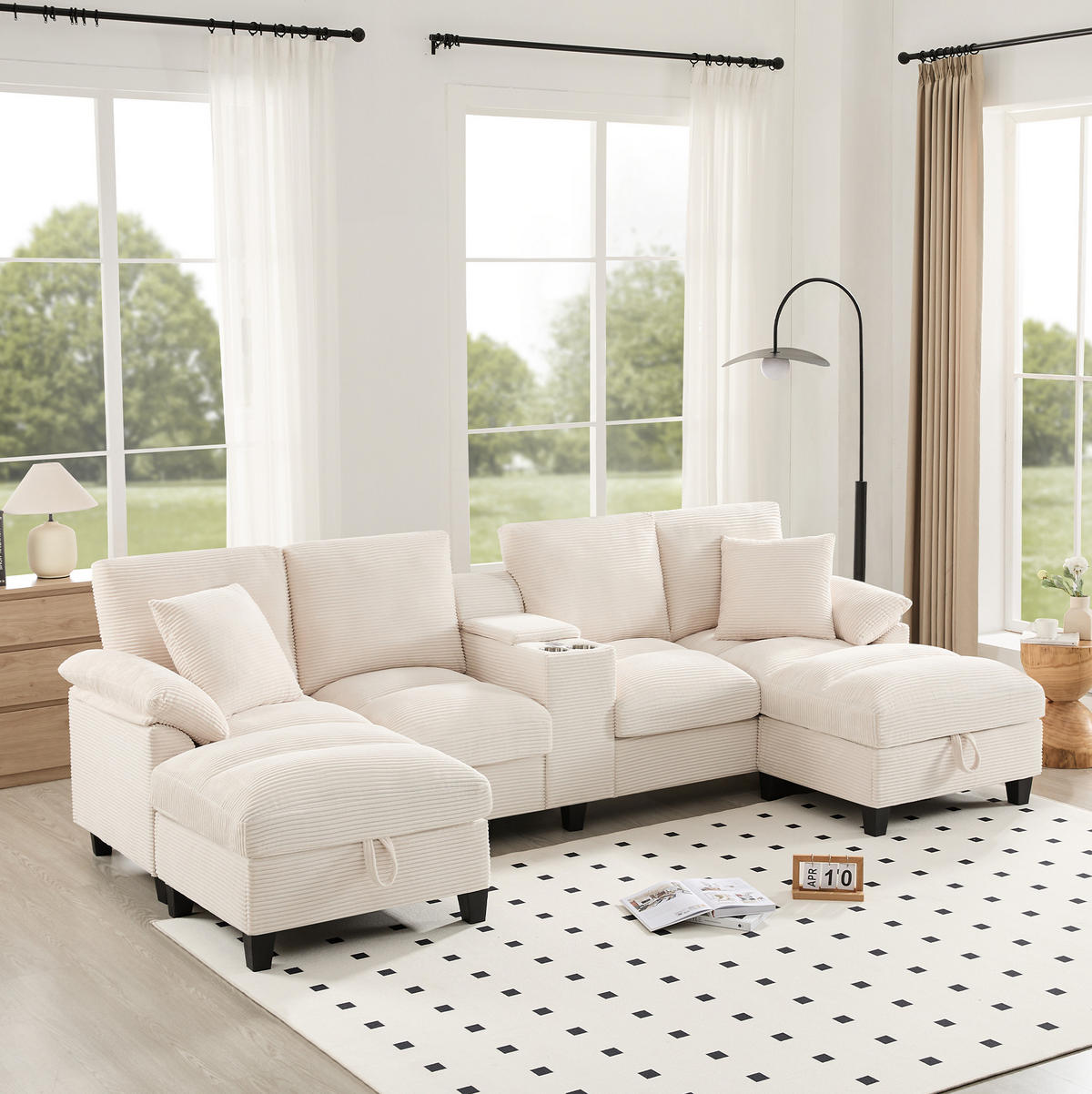 WOHNLANDSCHAFT aus Cord 293x142x93 cm in Beige mit Stauraum & USB-Anschlüssen - Beige, Textil (142/93/293cm) - Modfu