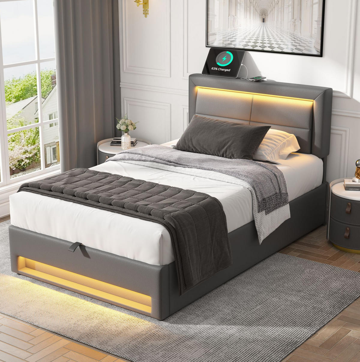 TAPECIRANI krevet 90/200 cm sivi od PU-a s LED rasvjetom, USB punjenjem i spremištem - siva, plastika (90/200cm) - OKWISH