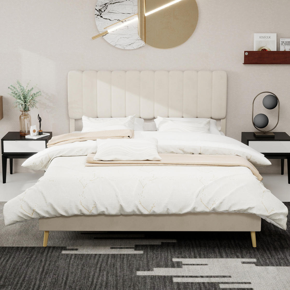 POLSTERBETT 160/200 cm in Beige Samt - Beige, Holzwerkstoff/Textil (160/200cm) - WISHDOR