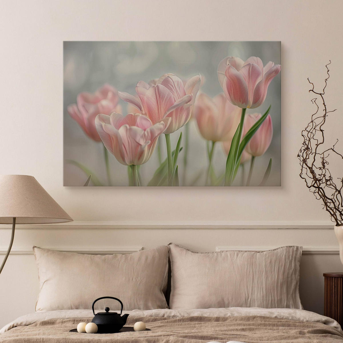 LEINWANDBILD für Wohnzimmer Blumen Tulpen Blätter Natur 120cm x 80cm - Weiß/Rosa, Textil (120/80cm) - Muralo