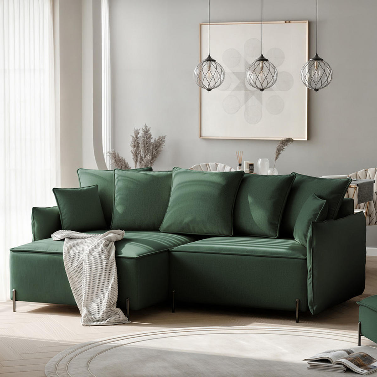 ECKSOFA MARCO Links, mit Schlaffunktion und Bettkasten, Grün - Grün, Textil/Metall (221/148cm) - Idohome