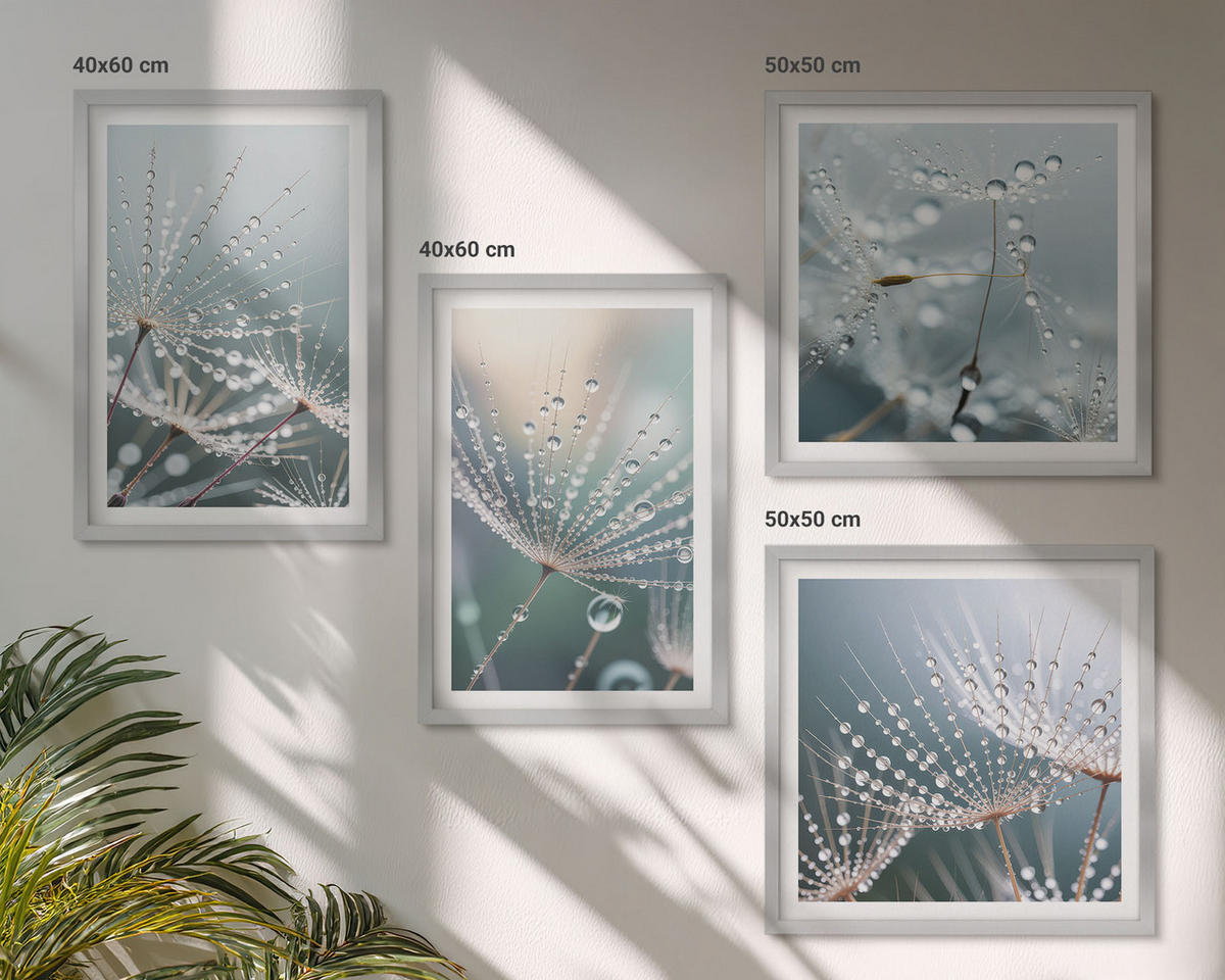 BILDER SET 4er Set - 50x50 cm & 40x60 cm Silberner Rahmen - Wassertropfen auf Löwenzahnsprossen - Silberfarben, Kunststoff (50/50cm) - TULUP